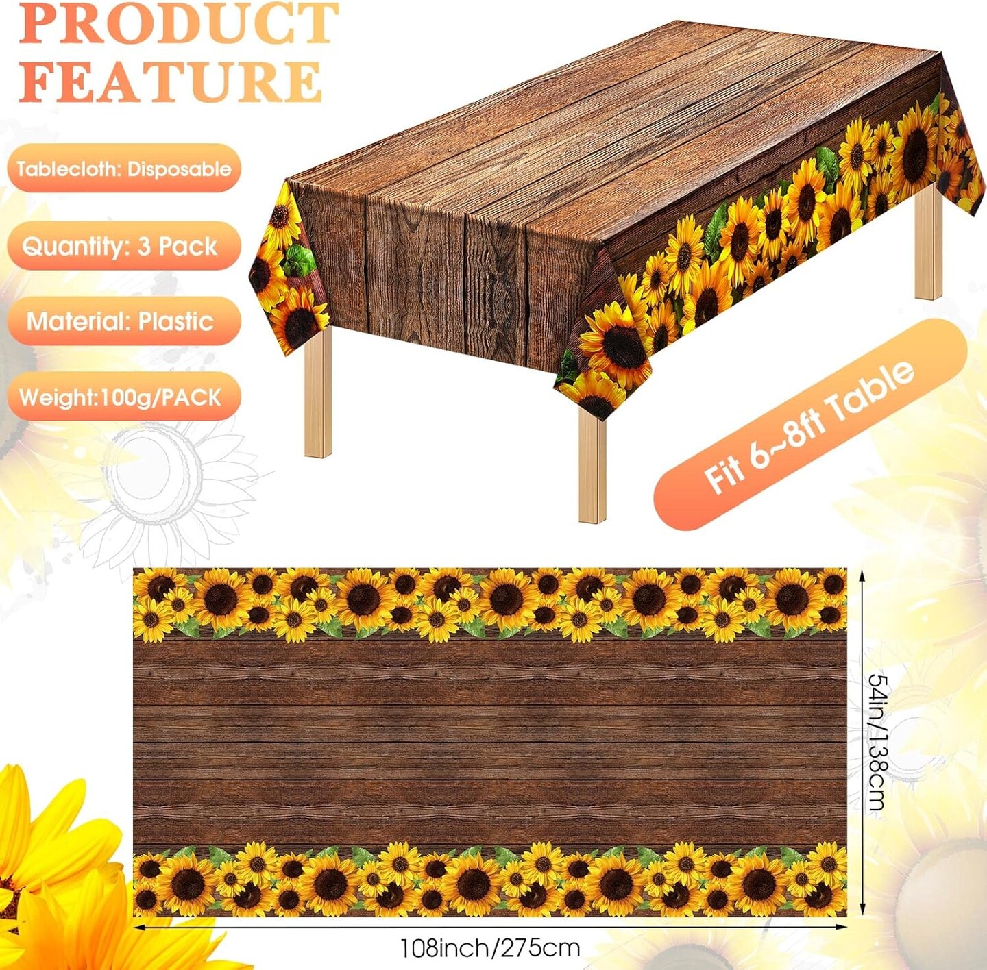 3 Pcs Sunflower Wood Grain Plastic Rustic Tablecloth Vintage Rectangle Table Covers Countryside Outdoor Tablecloth for Dining Table Kitchen Party Banquet, 54 x 108 Inch
