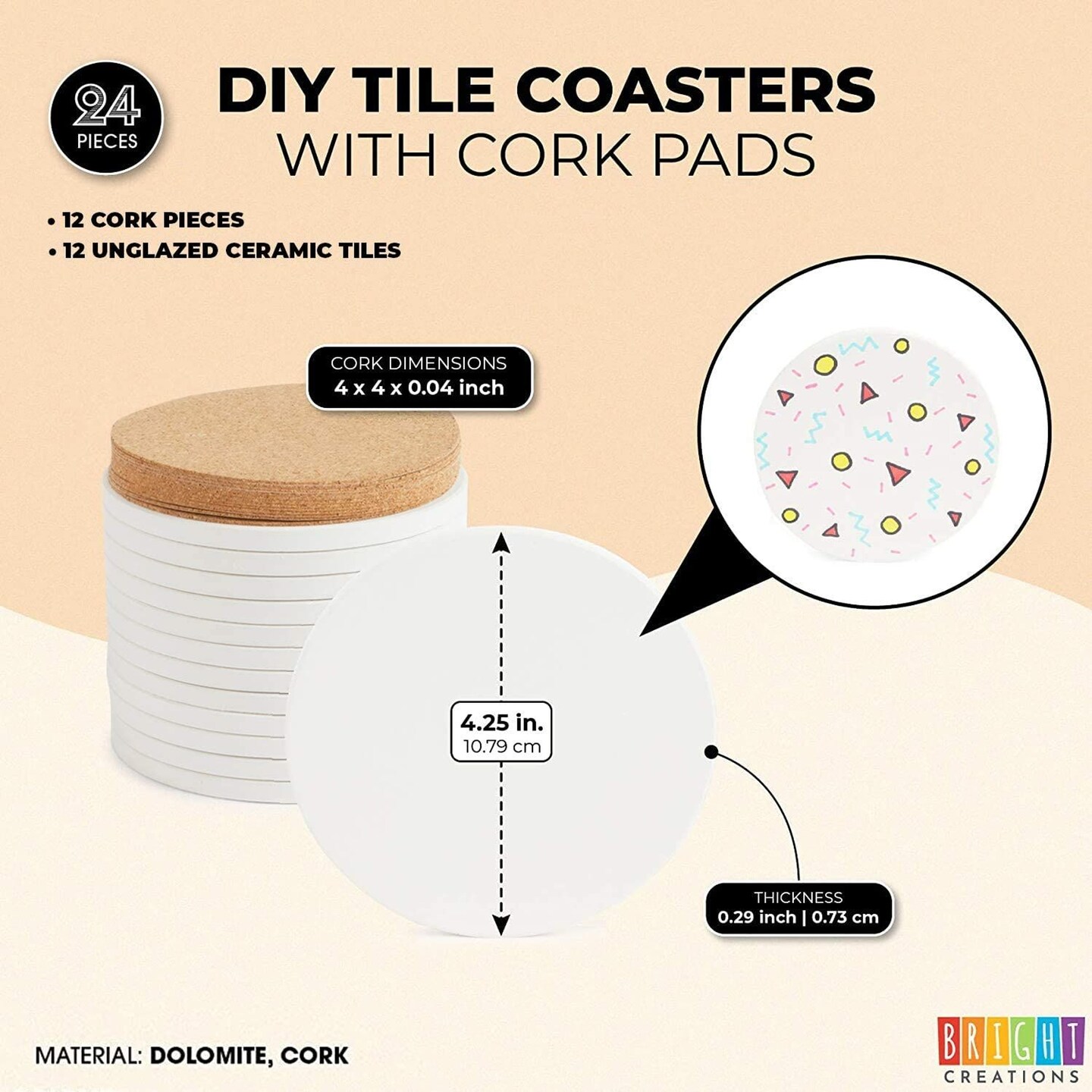 12 Round Unglazed Ceramic Tiles for Crafts with 12 Cork Pads for DIY Coasters, Acrylic Pouring, Alcohol Ink, White Blank Coasters for Painting, Art Projects (4.2 In)
