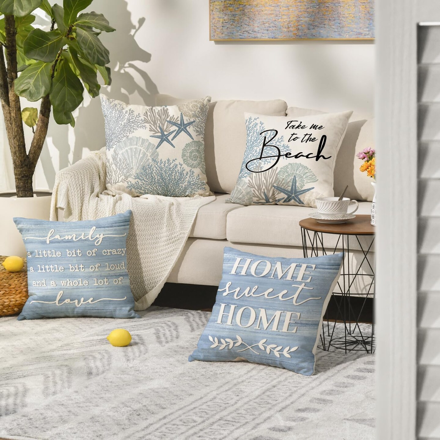 colorlife Summer Take Me to The Beach Coral Starfish Throw Pillow Covers, 18 x 18 Inch Home Sweet Home Motto Blue Cushion Case for Sofa Couch Set of 4