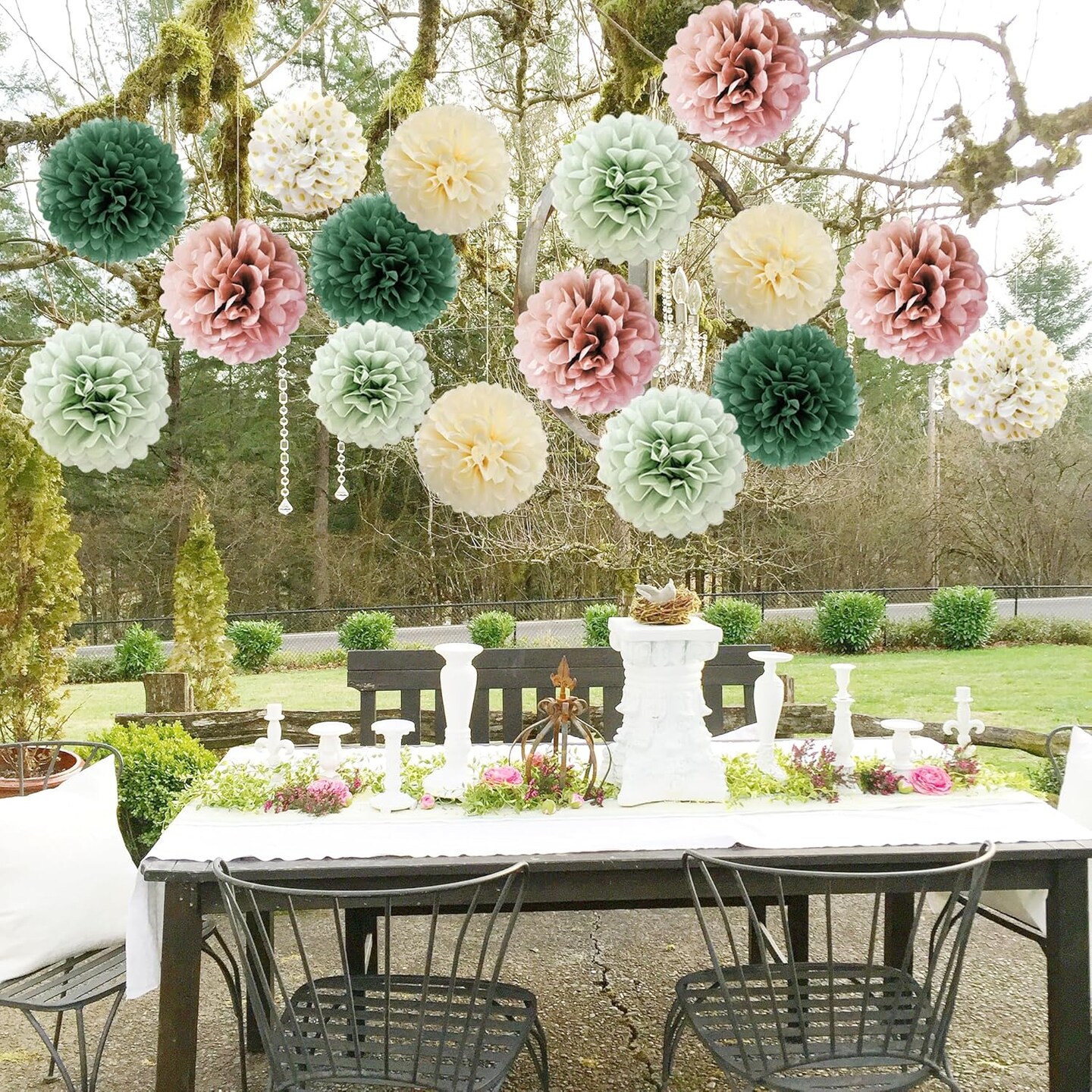 16pcs Dusty Rose Olive Sage Green Tissue Paper Pom Poms Ceiling Decors Flowers Sage Green Dusty Pink Party Decorations for Bridal Shower Baby Shower Rustic Wedding Birthday Engagement Party Decorations