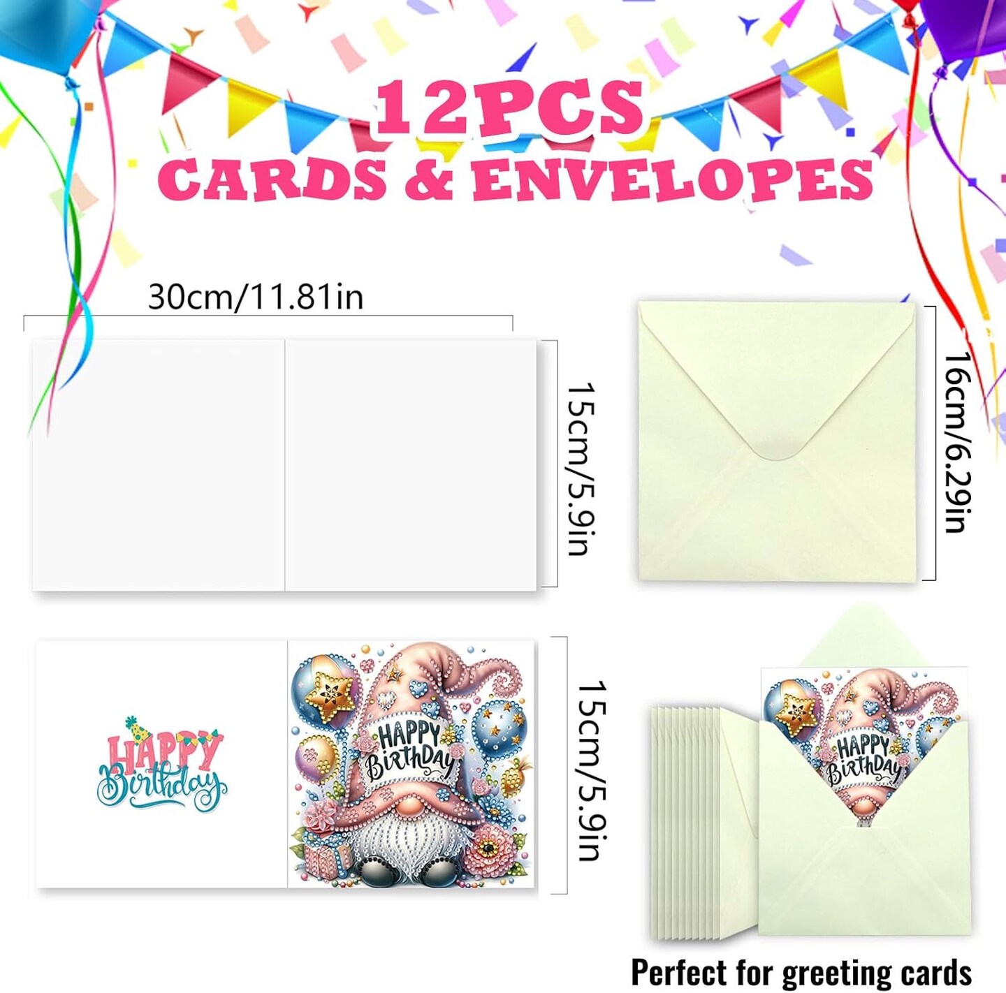 12 PCS Diamond Art Painting Birthday Greeting Cards, Fete Day Craft DIY Card Making Kits for Adults Kids Gifts (Happy Birthday)