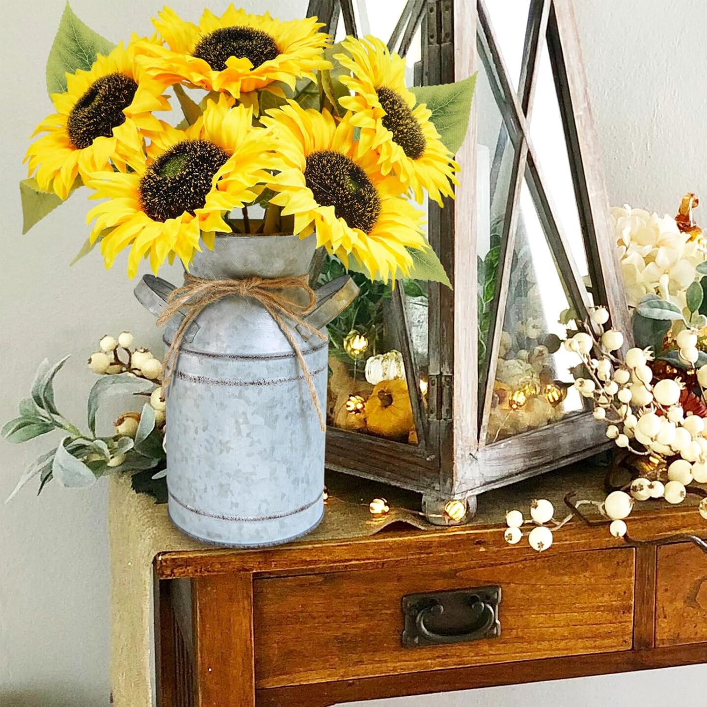 Artificial Sunflowers in Rustic Galvanized Metal Milk Can Vase – 12” Farmhouse Centerpiece, Yellow Silk Sunflower Floral Arrangement for Country, Fall Wedding, Home & Kitchen Table Décor
