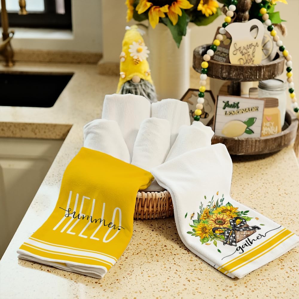 Sunflower Hello Summer Kitchen Towels Dish Towels Set of 2,Yellow Basket Floral Hand Towels 18x26 Inch Drying Dishcloth,Farmhouse Home Seasonal Holiday Summer Decorations AD318