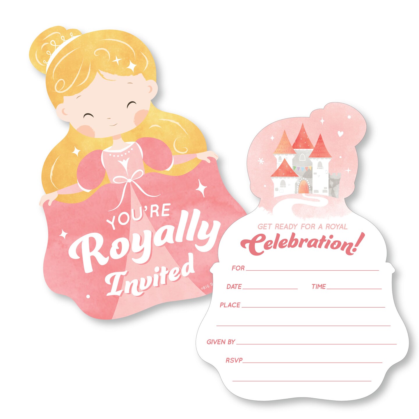 Big Dot of Happiness Princess Birthday Invitations, You&#x27;re Invited Pink Royal Princess-Shaped Party Fill-In Invitation Cards with Envelopes, Set of 12