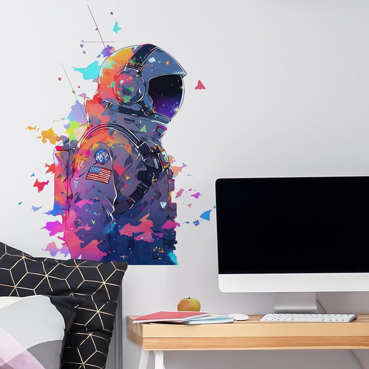 Astronaut Silhouette Wall Stickers with Colorful Smoke Nursery Wall Decals for Kid Boy Baby Removable Peel and Stick Wall Art Home Decor Decoration for Classroom Preschool Living Room Bedroom