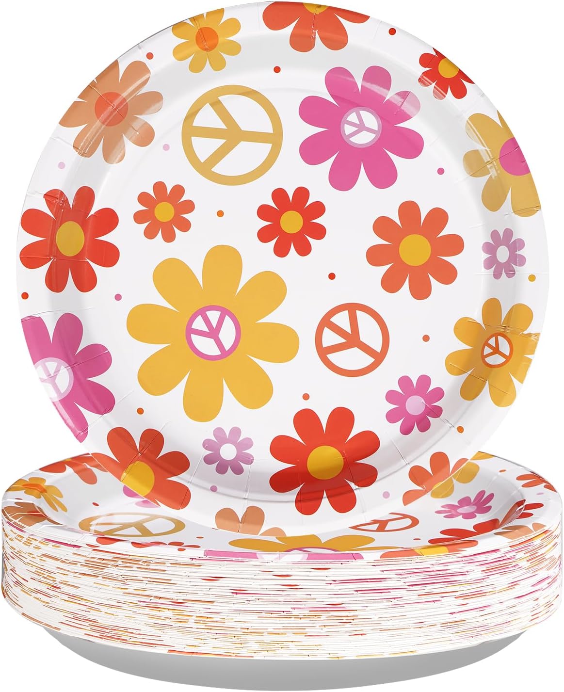 50 Pcs Summer Groovy Daisy Paper Plates, 10&#x22; 400 GSM Hippie Boho Flower Platters, Daisy Floral Dish Tray for 60s 70s