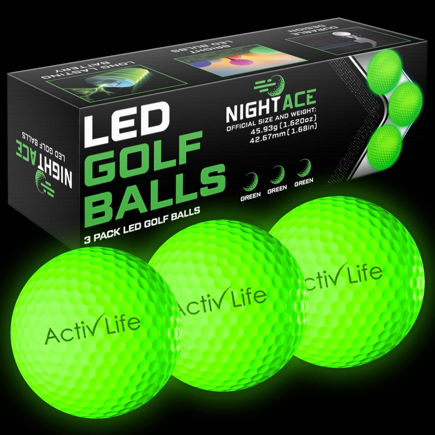 LED Golf Balls (3 Green) Best Glow in the Dark Golfer Gifts for Men and Women Night Golfing Unique Novelty Cool Birthday Dad Presents Light Up Fun Stuff Trick Gadgets