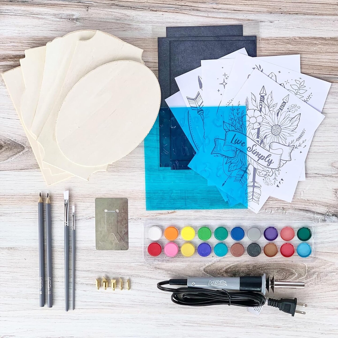 Wood Burning Kit for Beginners - Deluxe Pyrography Wood Engraving Art Kit with Burner Pen, Stencils, Watercolor Paints - 48 Piece DIY Woodburning Tool Kit for Adults and Kids