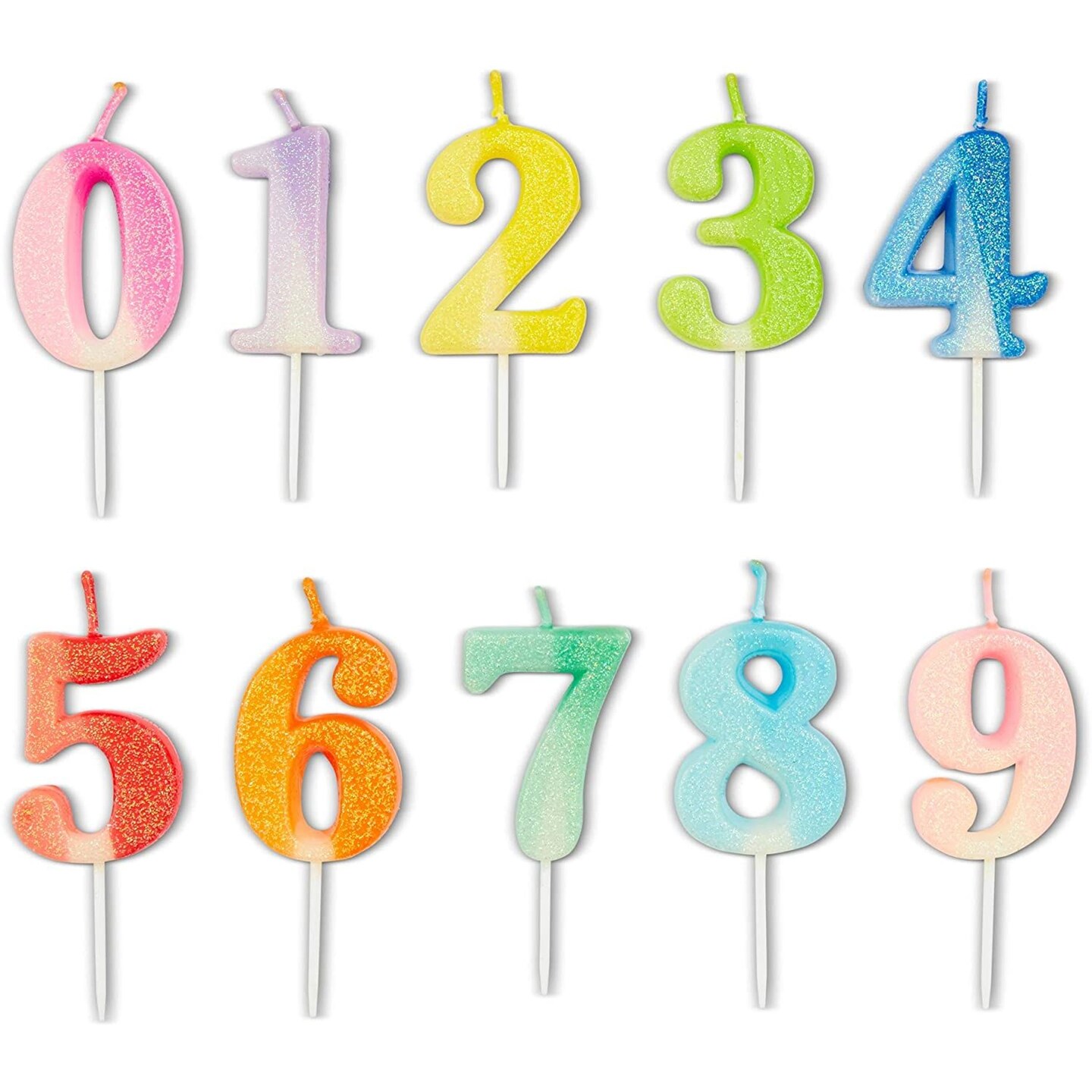 0-9 Large Number Candles &#x26; 24 Tall Thin Candles- Neon with Glitter Colors
