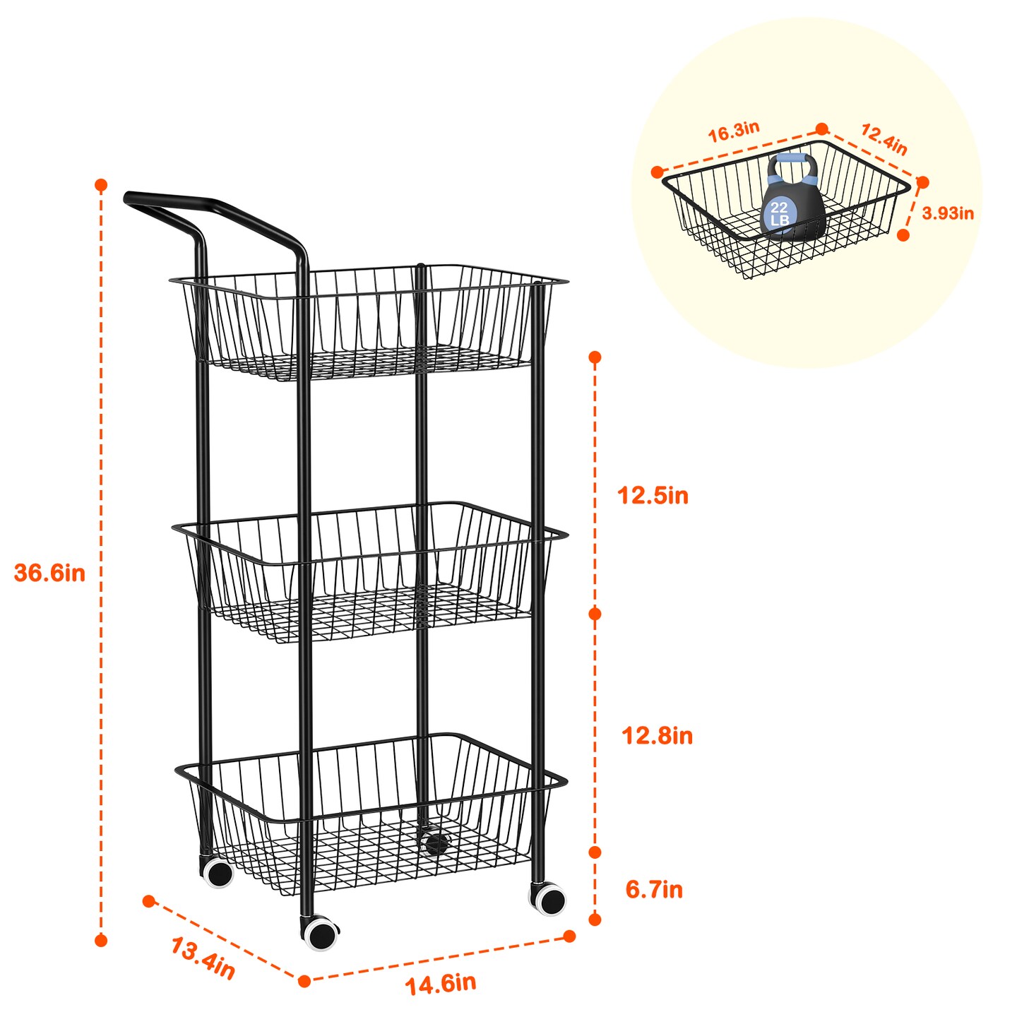 3-Tier Narrow Metal Rolling Cart with Lockable Wheels & Handle – Space-Saving Kitchen Storage Cart, Bathroom/Office Utility Cart, Heavy-Duty Wire Basket Organizer