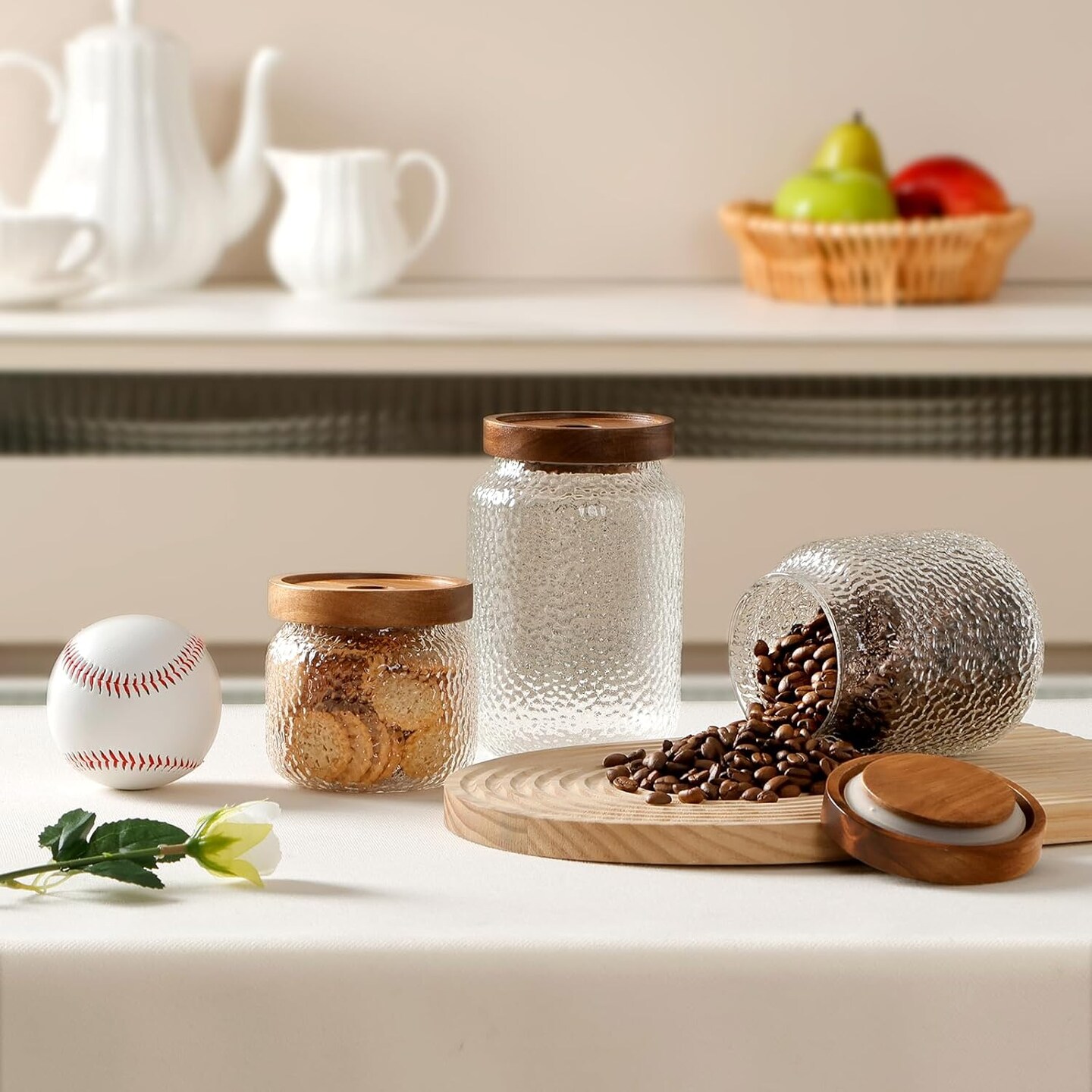 Glass Jars with Lids, Set of 3 Storage Jars with Airtight Lids Acacia Wood Top Glass Canisters - 12oz, 17oz, 25oz