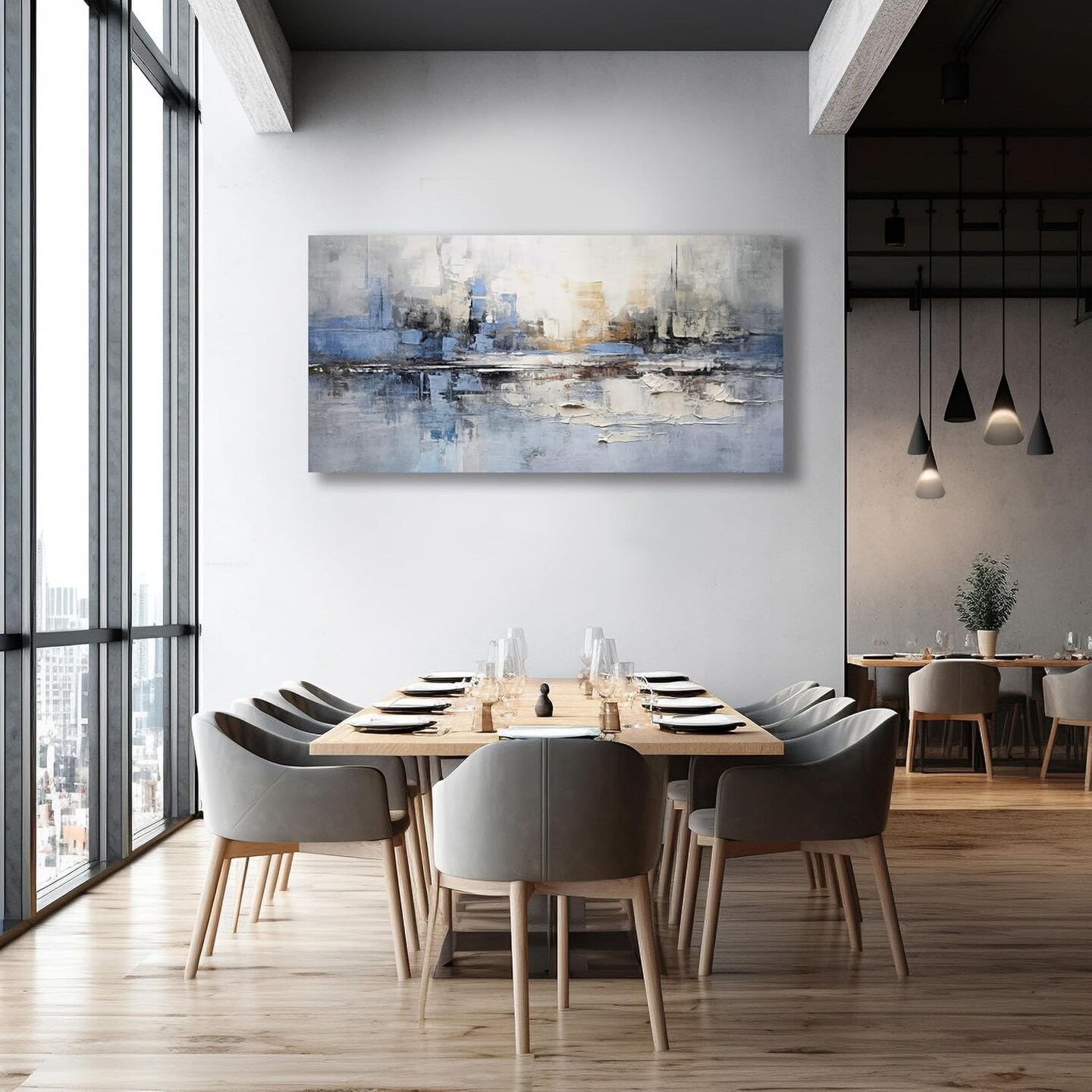 Abstract Wall Art Wall Decor Blue and Gray White Modern Canvas Wall Paintings Abstract Artwork for Living Room Bedroom Bathroom Office Home Decor Can Be Hung Directly 24&#x22;x 48&#x22;