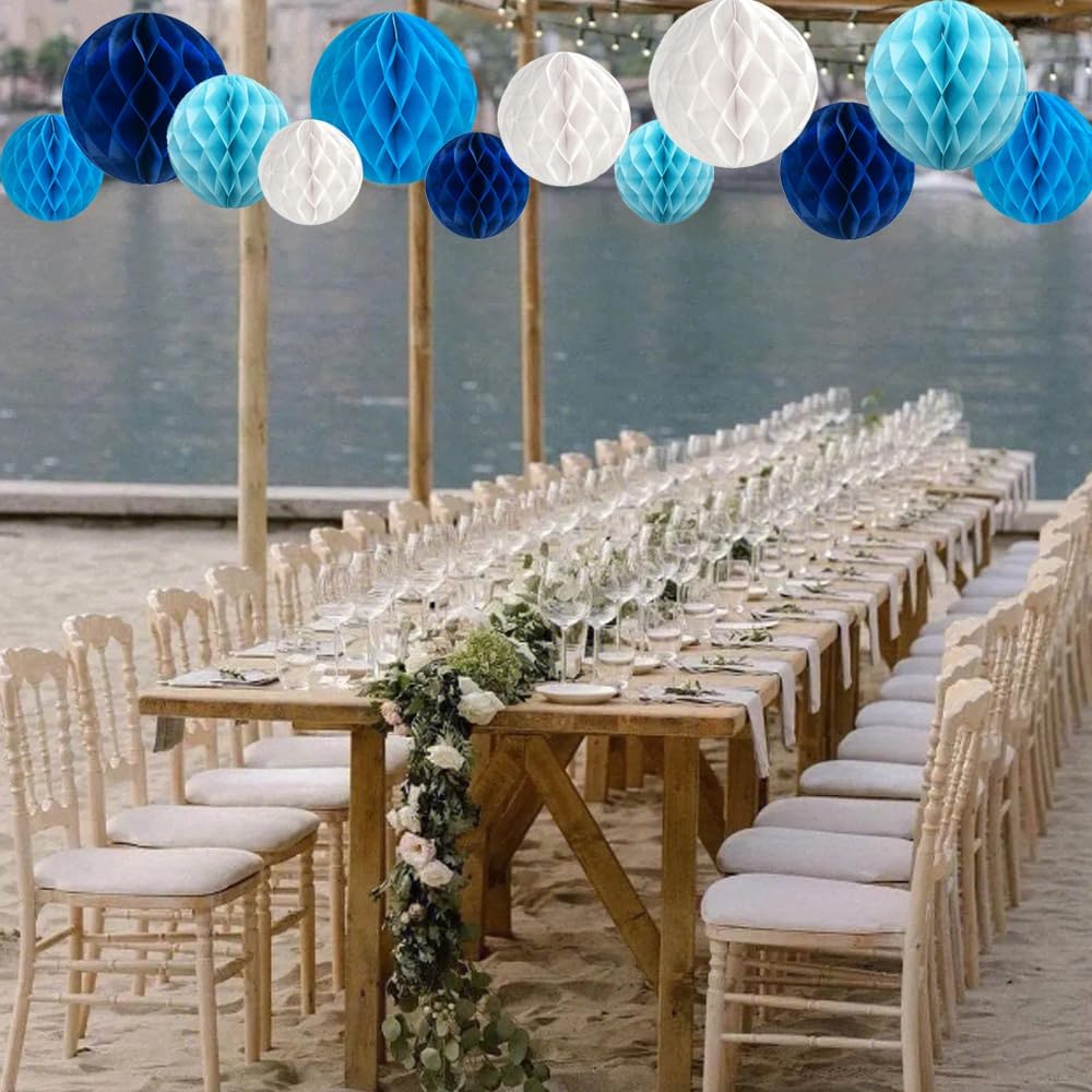 12Pcs White Blue Paper Honeycomb Flower Balls 6&#x27;&#x27; 8&#x27;&#x27; 10&#x27;&#x27; Decorative Tissue Honeycomb Balls Paper Pom Poms Hanging Flower Balls Craft Kit for Wedding Nursery Room Home Party D&#xE9;cor
