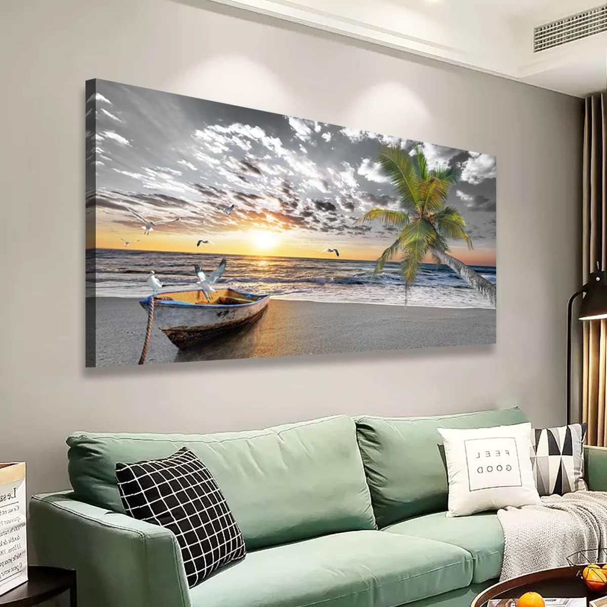 Black & White Beach Canvas Wall Art – Palms, Boat & Sunset Seascape for Living Room, Bedroom, Office Decor