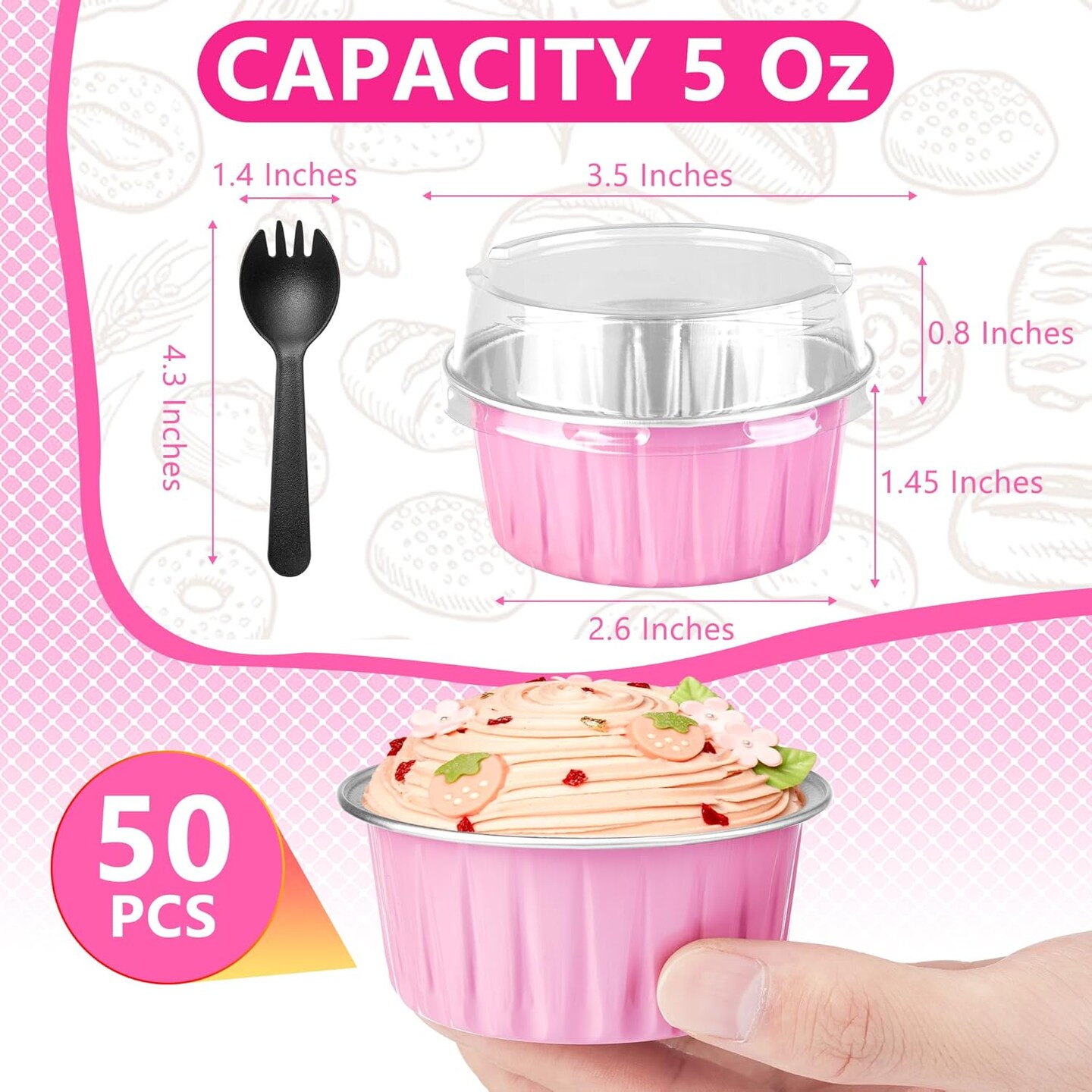 Disposable Ramekins 50 Packs with Lids and Spoons,Mini Cake Pans Round Aluminum Foil Cupcake Baking Cups Muffin Cups Tins,Disposable Cakecup Wrappers Cheesecake Creme Brulee-5 Oz (Pink)