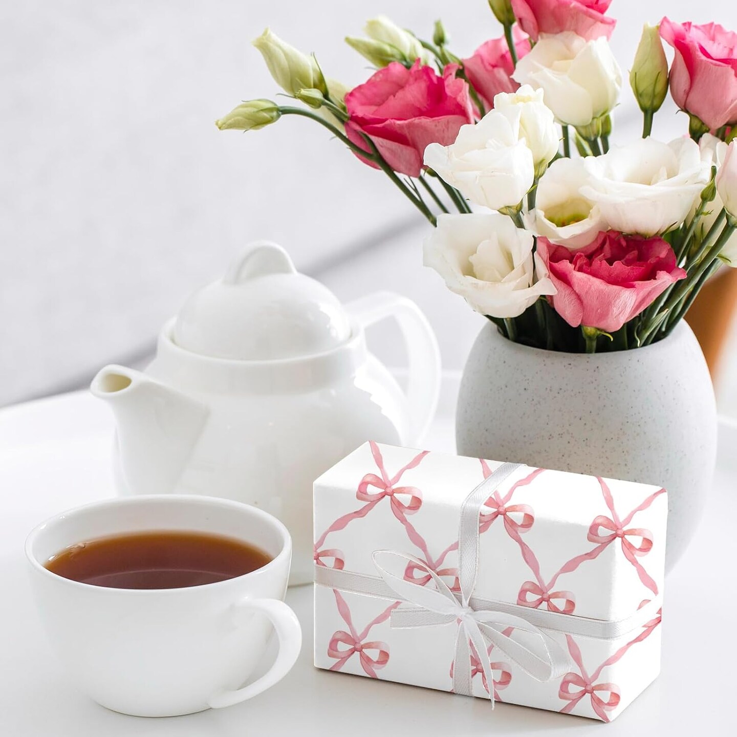 Pink Bow Floral Wrapping Paper -Mini Roll- 17 Inch x 32.8 Ft Flower Bow Knot Gift Wrap Paper Pink Art Paper for Wedding Birthday Supplies