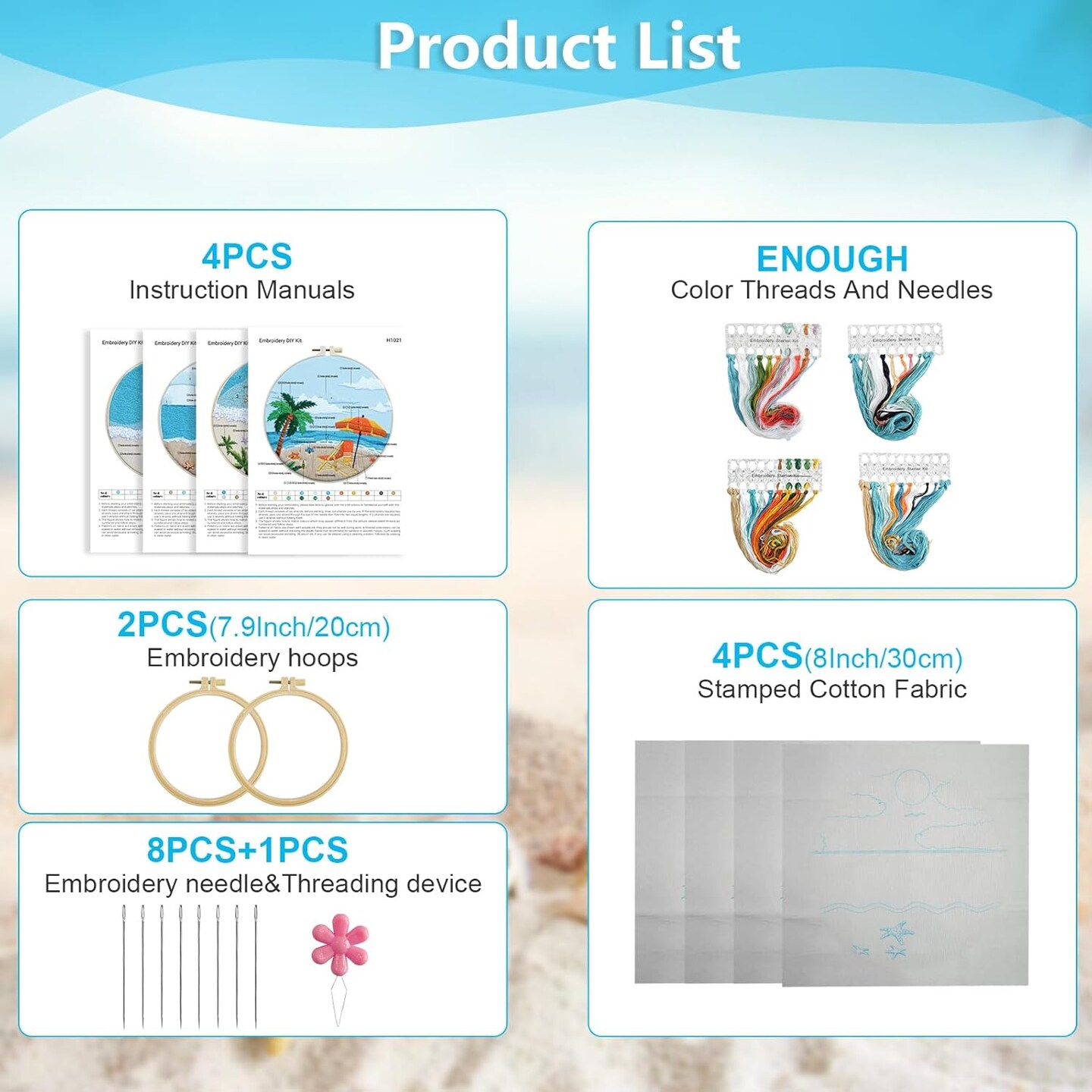 4 Set Ocean Embroidery Kit for Beginners Adults Embroidery Starter Kit Ocean Beach Patterns Hand Crewel Embroidery Kit Cross Stitch Kits
