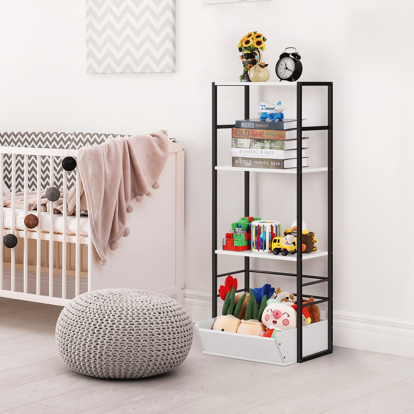 4-Tier Industrial Narrow Bookshelf for Small Spaces - Wood &#x26; Metal Storage Organizer, Multi-Purpose Shelf for Home Office, Living Room, Bathroom, Entryway (Space-Saving Design)