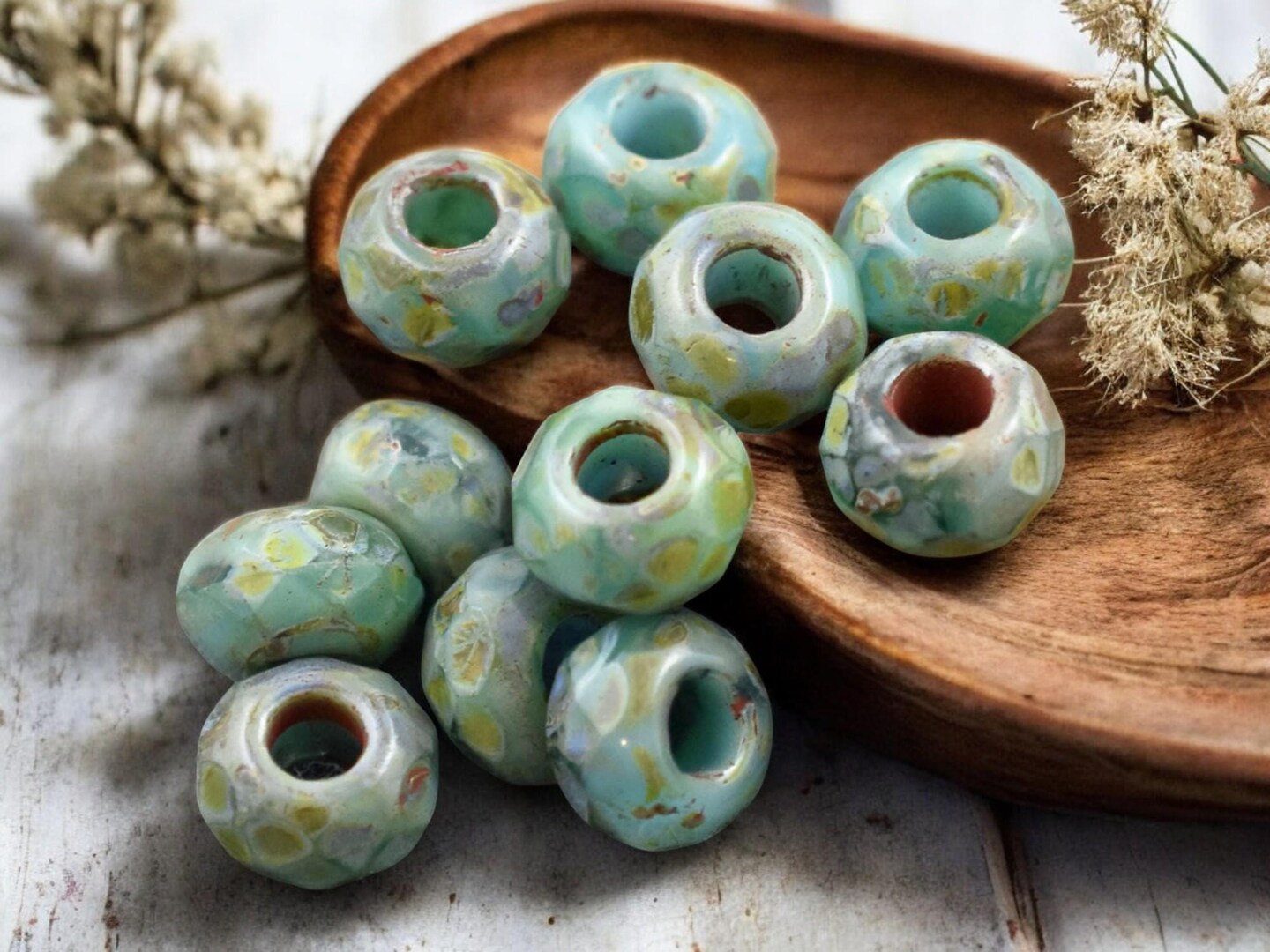 *25* 5x8mm Green Turquoise Picasso Faceted Large Hole Rondelle Roller Beads