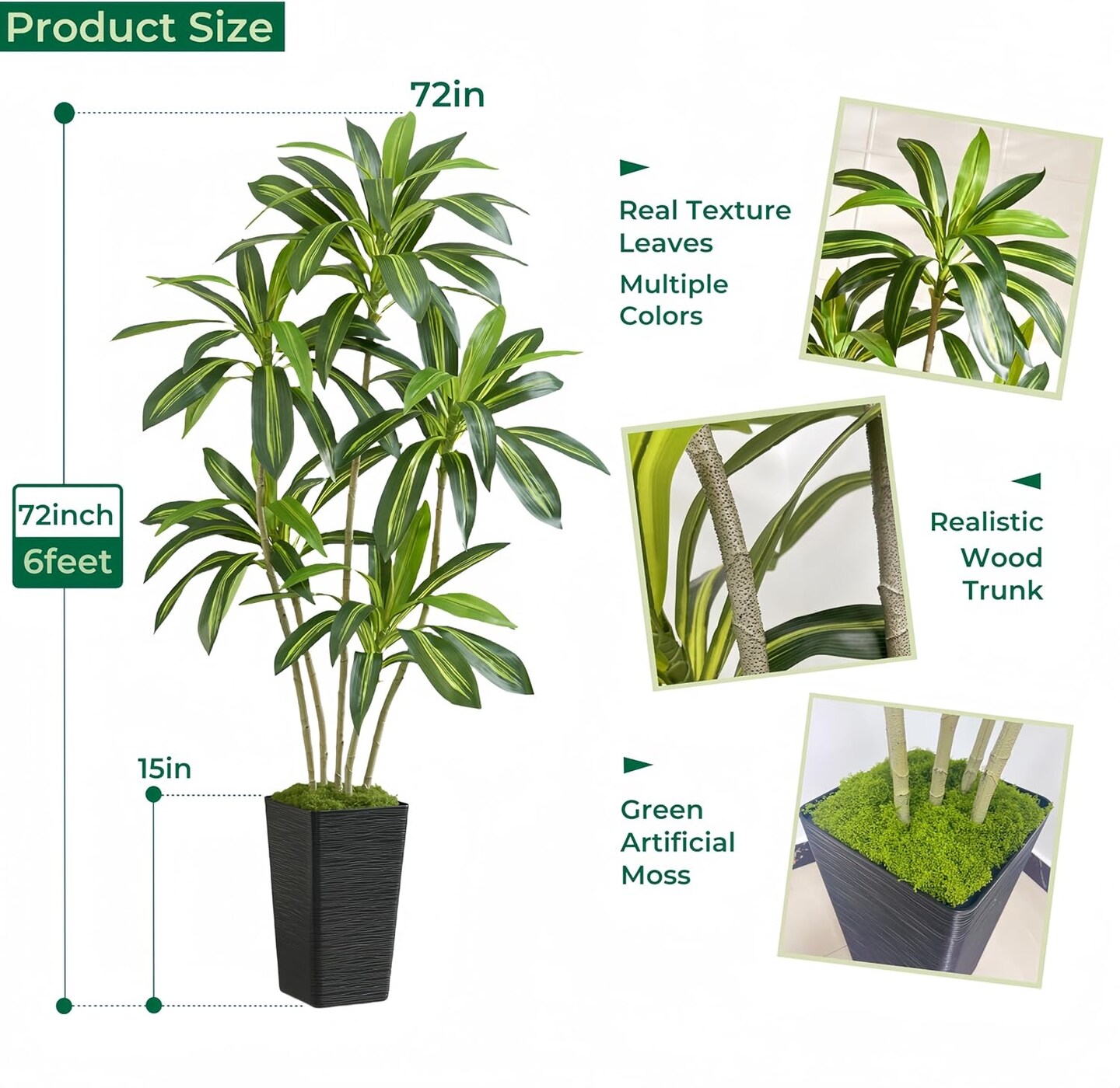 6FT Artificial Dracaena Silk Tree with Black Planter - Real Touch Fake Plant for Home & Office Decor, Faux Yucca Indoor Floor Tree