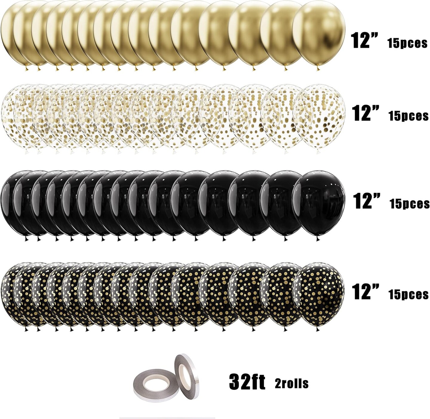 60pcs 12inch Helium Balloon Bouquet Metallic Gold Pearl Black Clear with Dot Balloon Perfect for Baby Shower Bridal Shower Birthday Anniversary Party Decorations(Black)