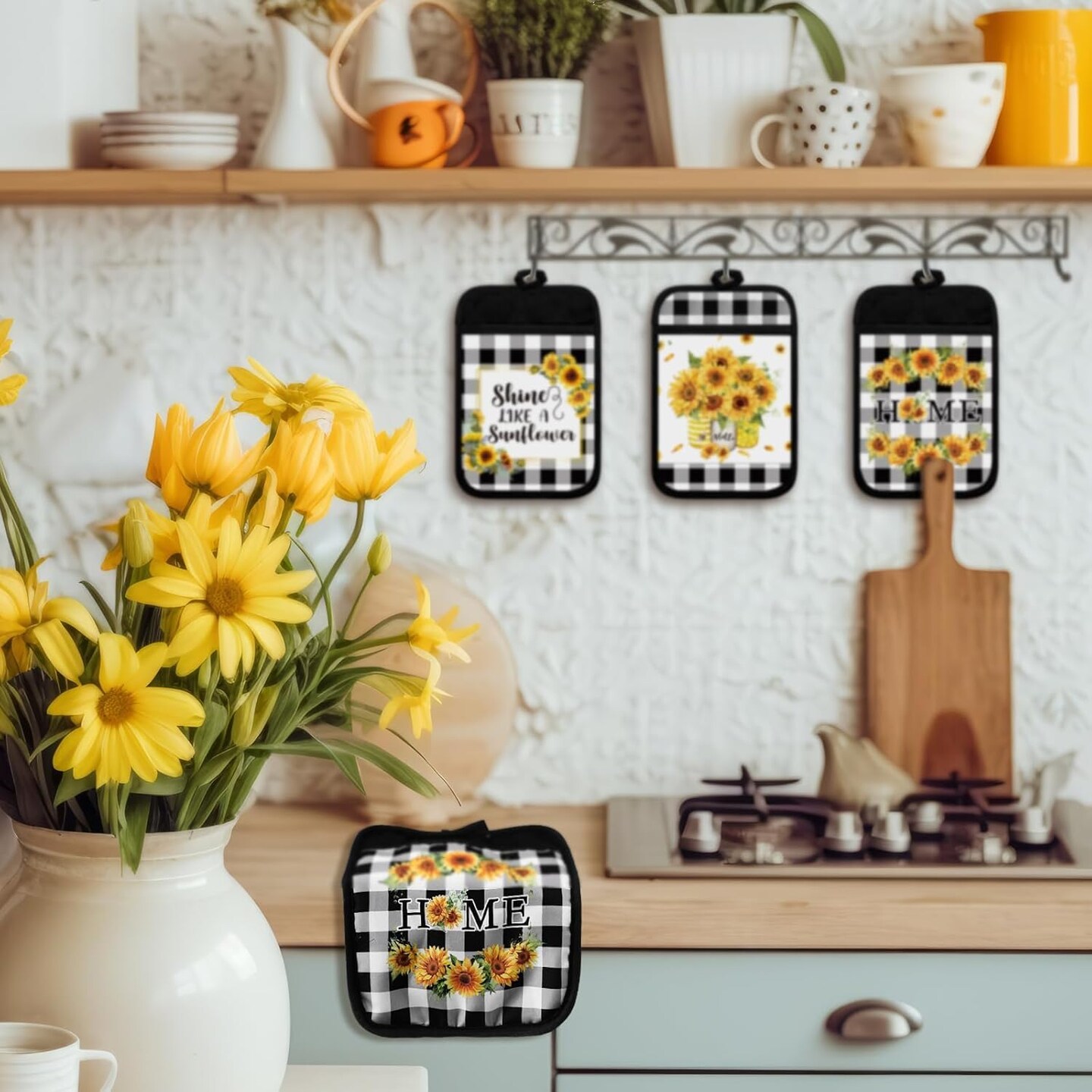 12 Pcs Sunflower Pot Holders with Pocket Teacher Appreciation Gift Bulk Summer Pot Holders Buffalo Plaid Hot Pads and Oven Mitts Gnomes Farmhouse Oven Gloves for Kitchen Baking Cooking Home