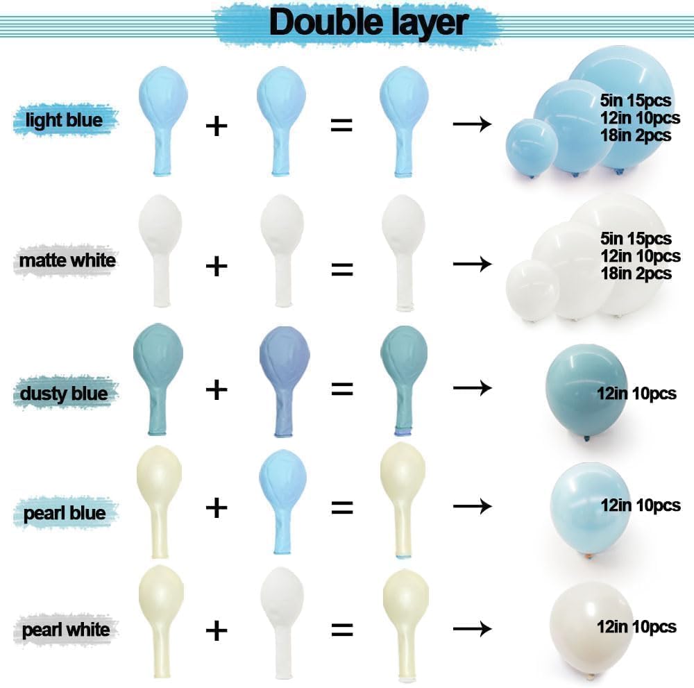 Pastel Blue White Balloon Arch Kit Double Stuffed Dusty Light Blue White Cream Balloon Garland for Baby Shower Birthday Wedding Boho Winter Party Decoration