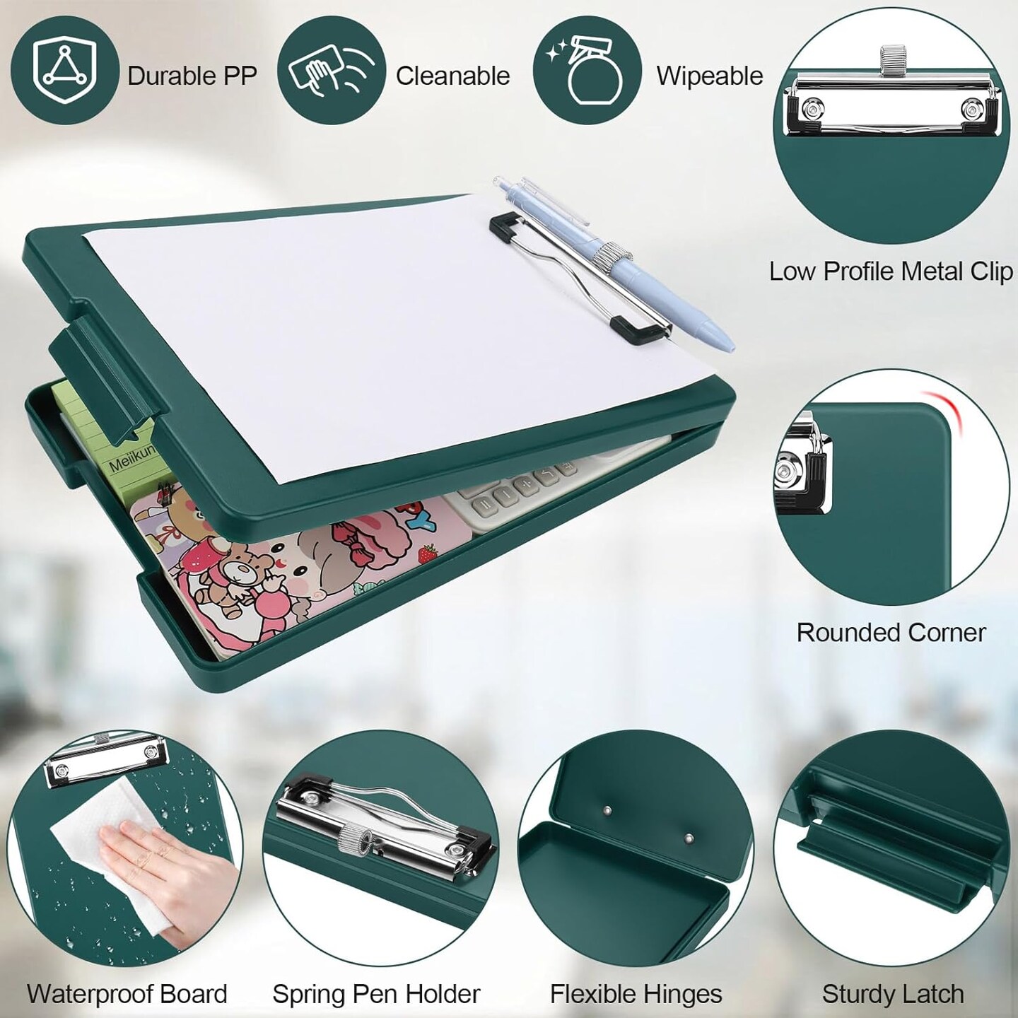 Small Clipboard with Storage, A5 Clipboards with Pen Holder, Mini Plastic Clipboard with Low Profile Clip for Classroom, School, Office Supplies (Emerald)