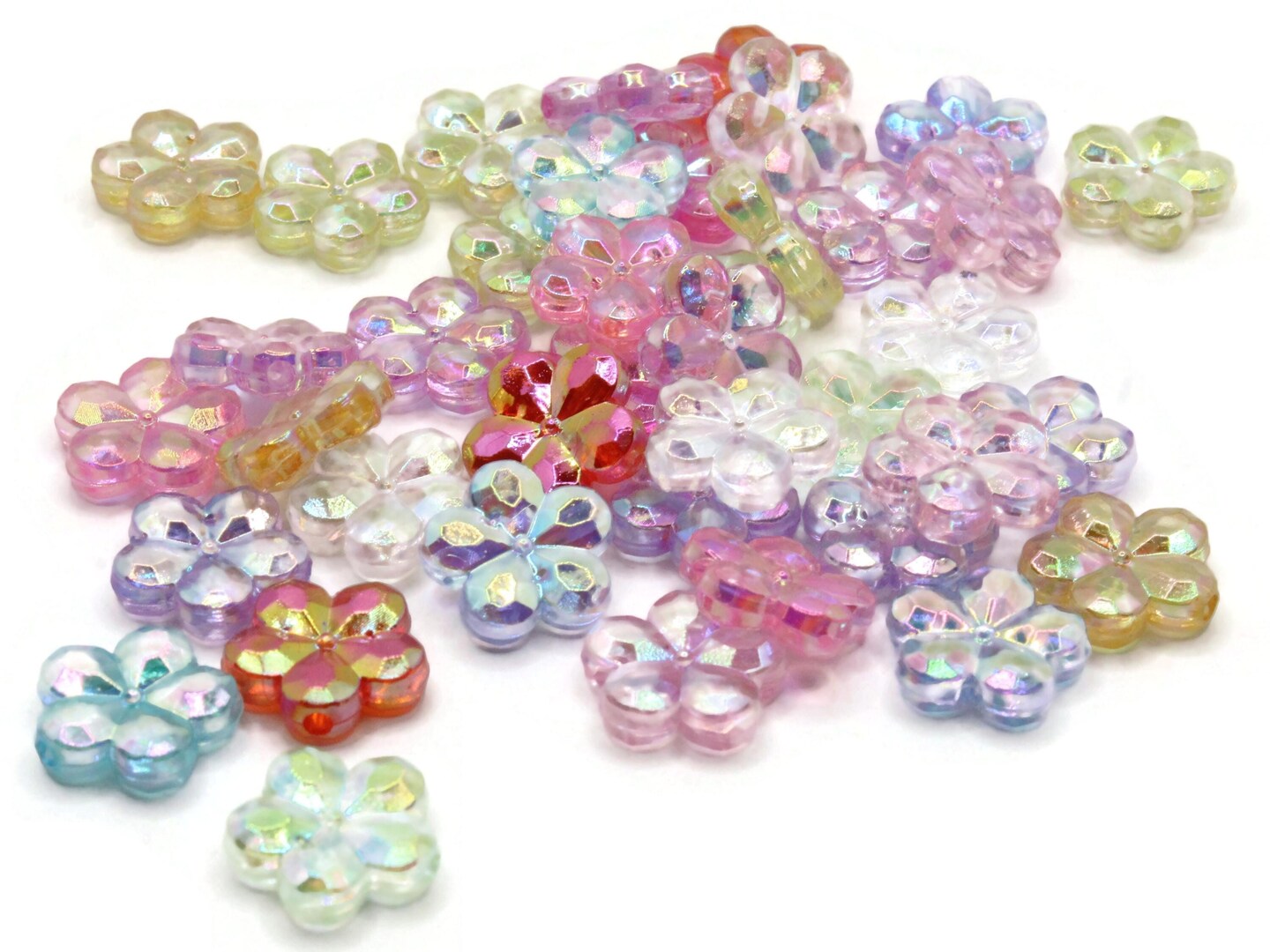 40 14mm Assorted Color Clear Flower Plastic Coin Beads