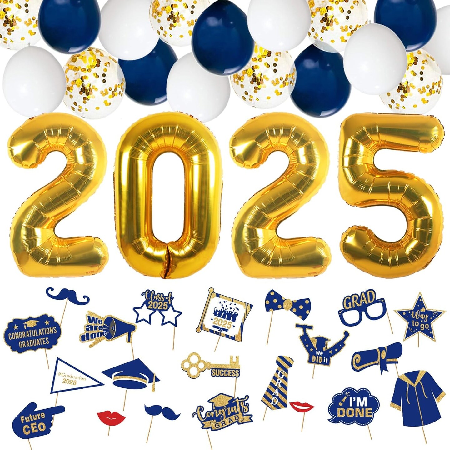 Graduation Party Supplies 2025 Decorations Kit, Gold 2025 Balloons, Graduation Photo Booth Props 2025, Navy Blue Gold and White Balloons Set, Class of 2025, Congrats Grad