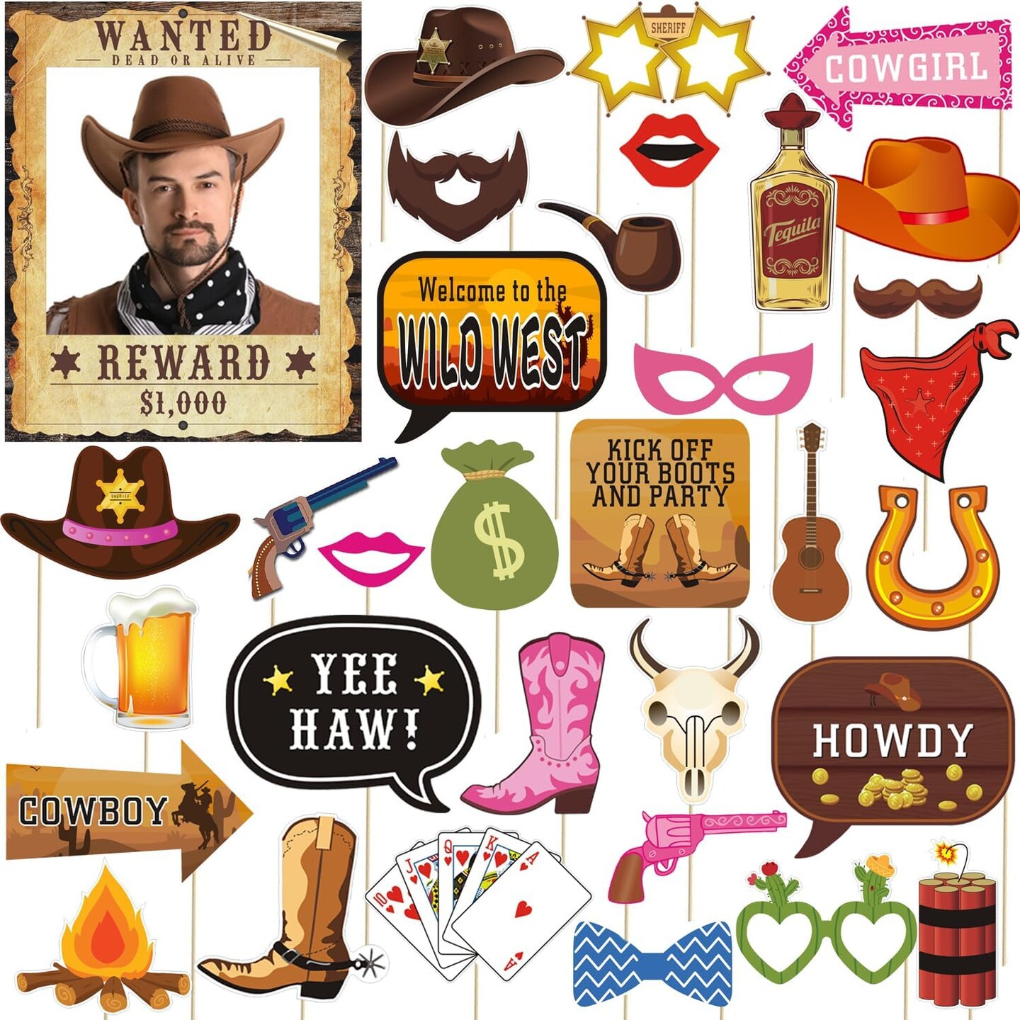 33PCS Western Cowboy & Cowgirl Photo Booth Props – Wild West Party Decorations