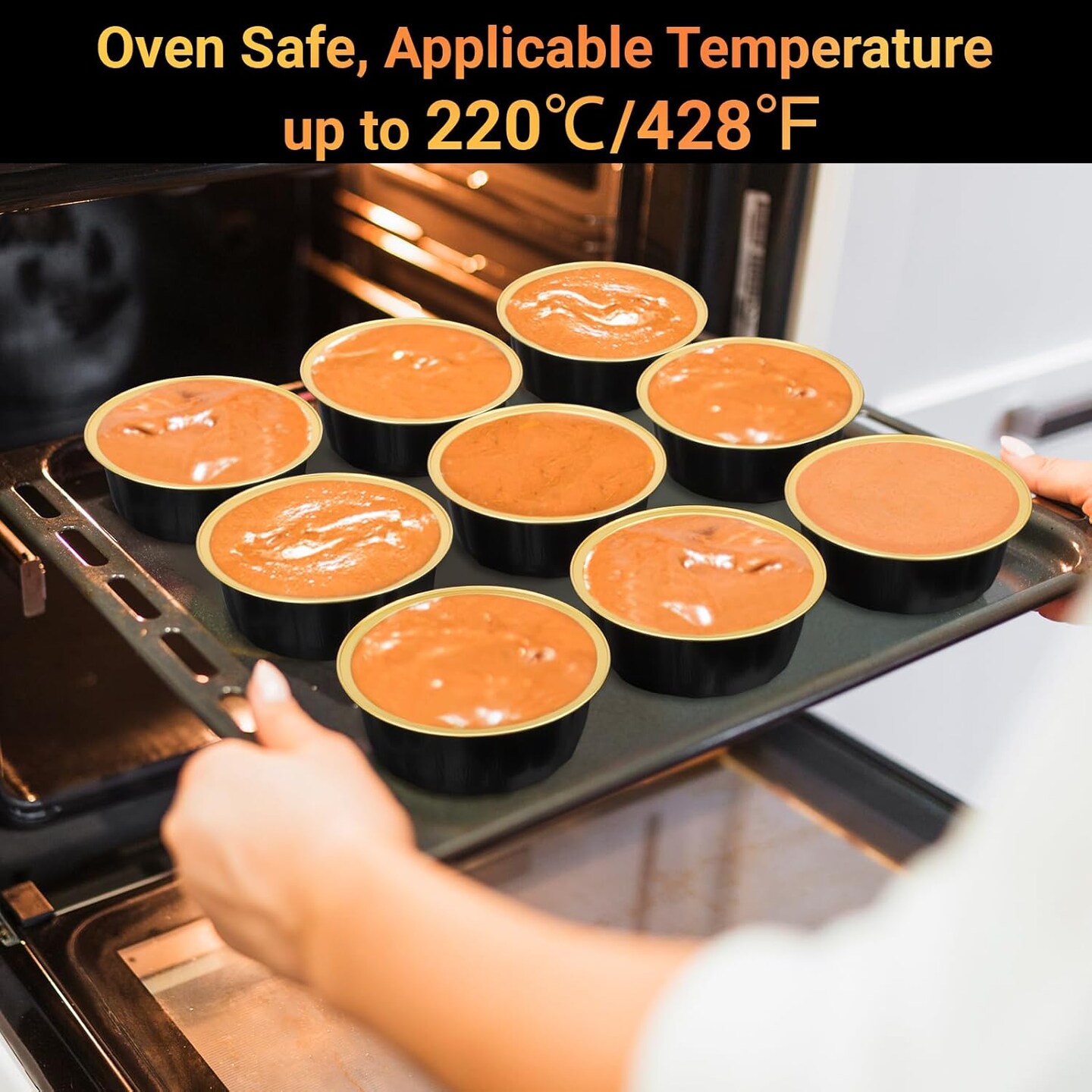 Disposable Baking Ramekins, 8 oz 100 Pack 3.9&#x22; 235ml Aluminum Foil Cups Bake Utility Ramekin Cup Souffle Cup Muffin Cupcake Baking Cup Mini Pudding Cups for Party Wedding Birthday - Black Gold