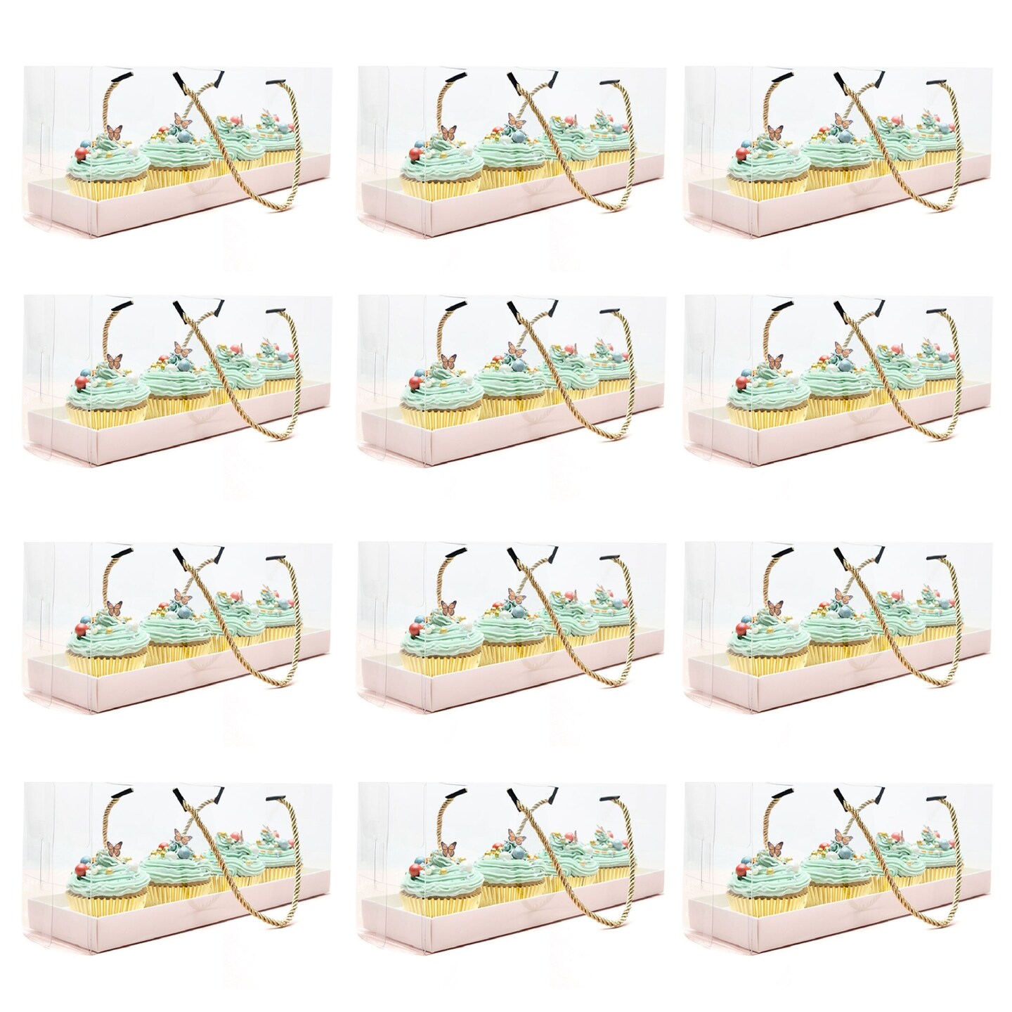 12 Pack Clear Cupcake Boxes with Gold Rope Handle and White Inserts, 4 Compartments (12.7 x 4.7 x 3.6 In)
