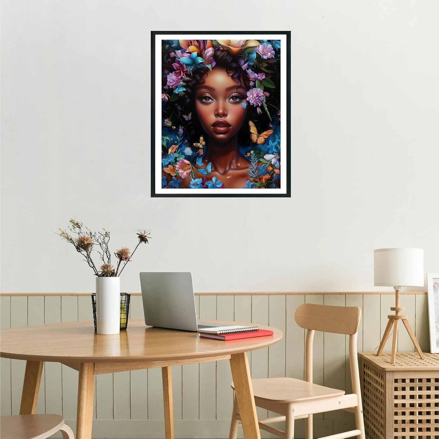 African American Woman Paint by Numbers for Adults, Girl with Butterfly Foral Paint by Number Kits, Female Portrait Acrylic Painting for Gift Home Decor(16&#xD7;20inches, Unframe)