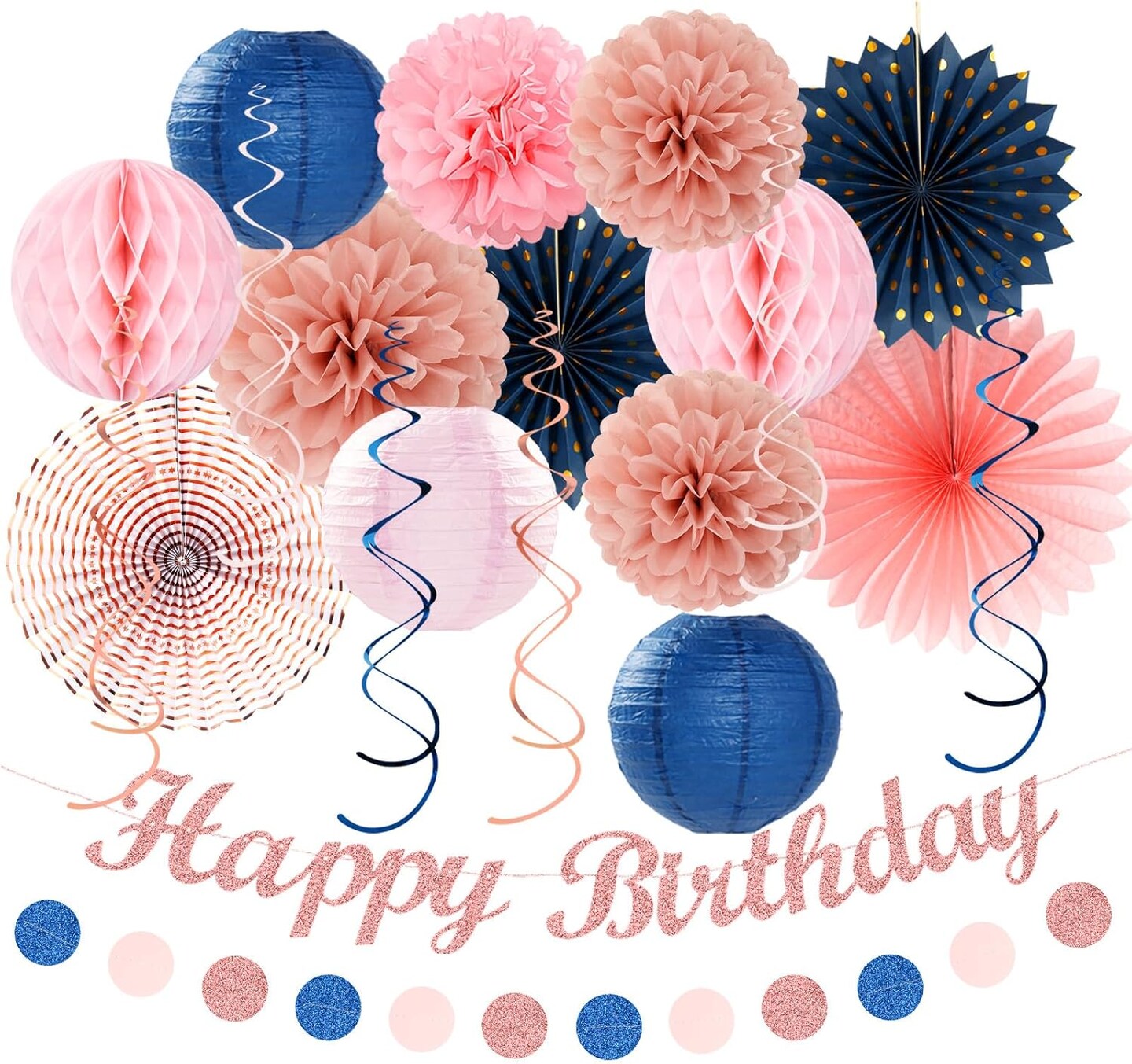 21-Piece Pink, Rose Gold & Navy Birthday Party Decoration Kit – Banner, Lanterns & Pom-Poms