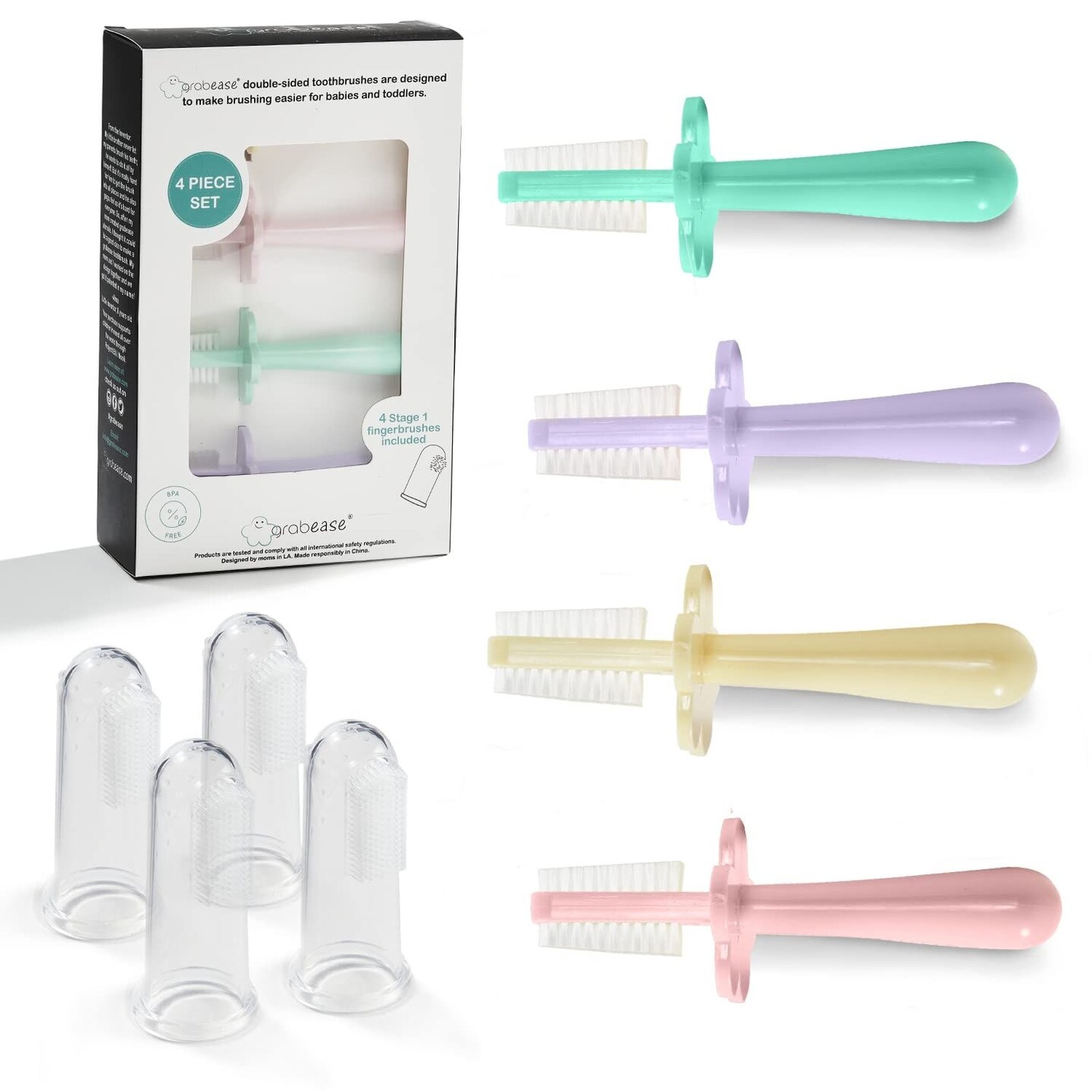 Grabease Baby Toothbrush Double Sided - Training Finger Toothbrush for Toddler Infant, BPA-Free &#x26; Phthalate-Free for Baby &#x26; Toddler, 4 pack, Lavender, Blush Mint, Yellow