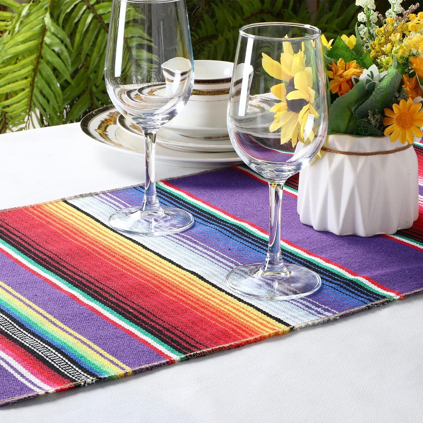 12 Pcs Mexican Table Runners 14 x 84 Inch Mexican Serape Table Runner Decor Blanket Fringe Cotton Table Runner Decoration for Cinco De Mayo Party Wedding(Classic Style)