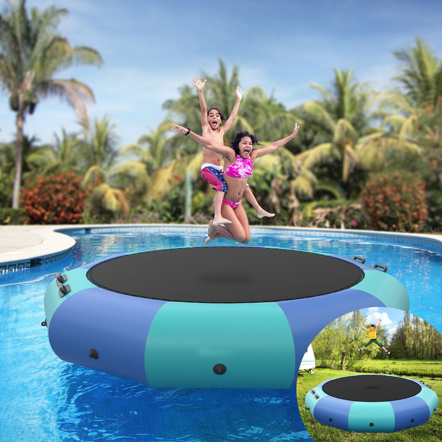 PVC Inflatable Floating Trampoline with 330 lbs Capacity and Ladder