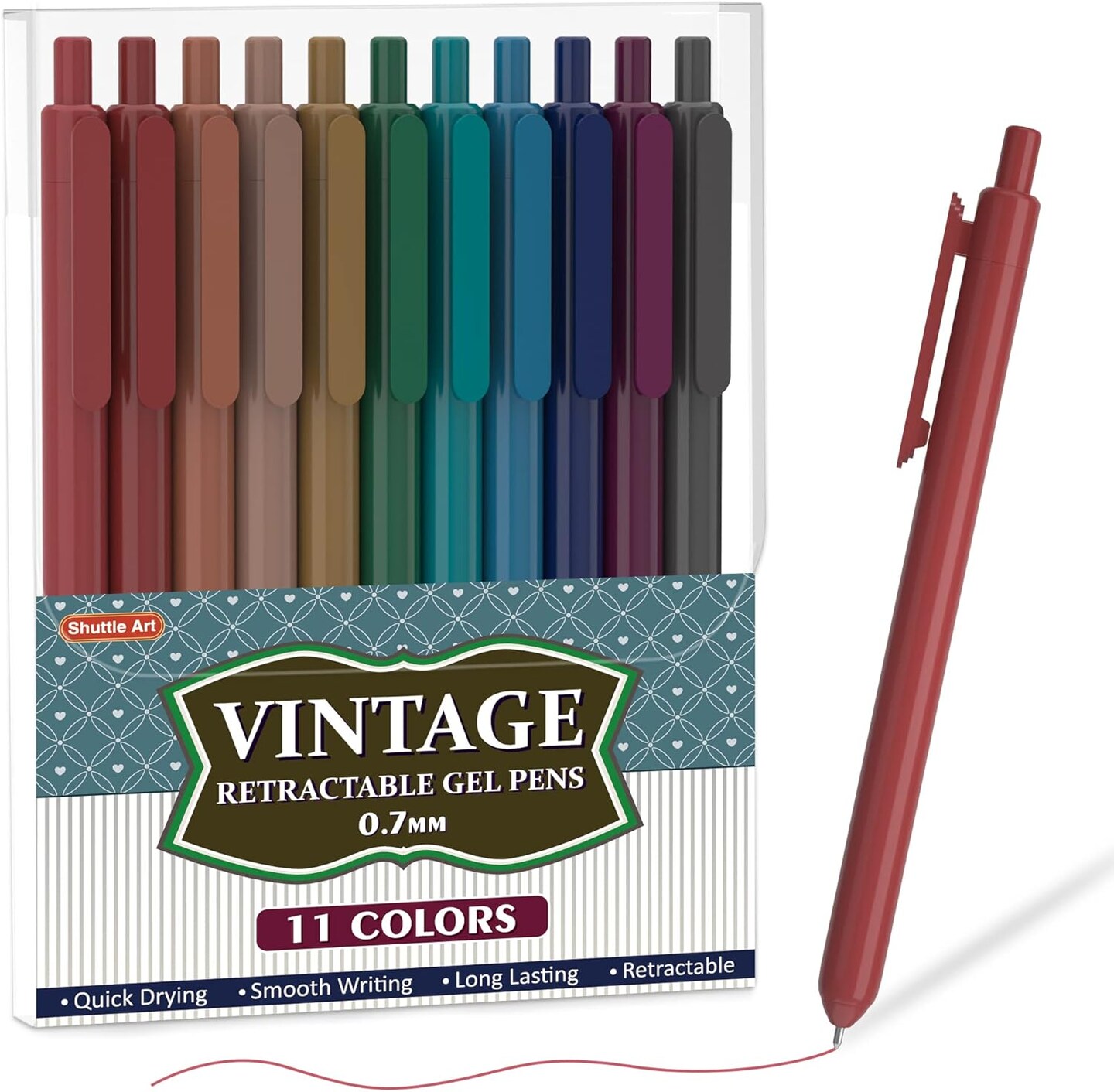 Art Colored Retractable Gel Pens, 11 Unique Dark Vintage Ink Colors, Cute Pens 0.7mm Medium Point Quick Drying for Writing Drawing Journaling Note Taking School Office Home