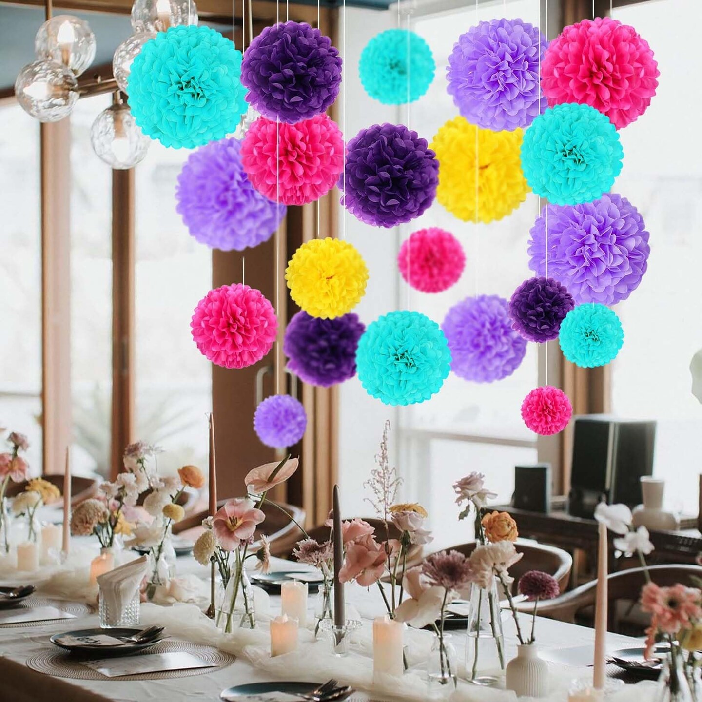 Blue Purple Yellow Rose Pink Tissue Paper Pom Poms Flower Set Decor-30PCS Ideal for Birthday,Bridal Showers,Wedding,Baby Shower Party Decorations (12&#x22;,10&#x22;,8&#x22;,6)