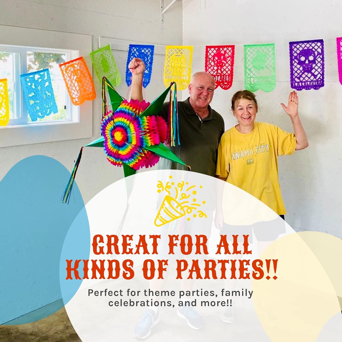 Mexican Party Banner Set (50-ft, PAPER) - Papel Picado with Mexican Bingo Card Designs - Party Decorations for Cinco de Mayo, Birthday Party Decor (4 strands x 12.5ft) - TexMex Fun Stuff