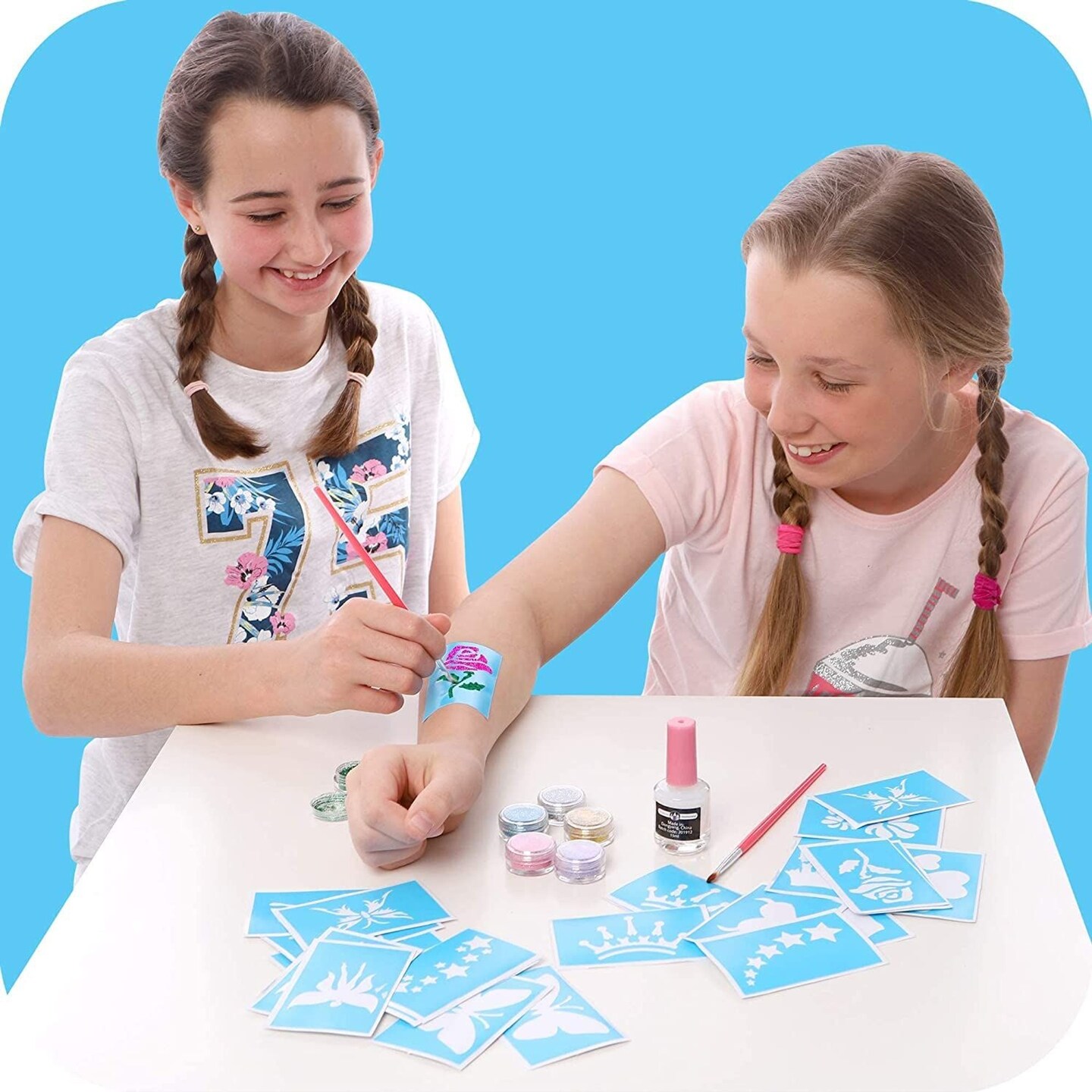 Original Stationery 33-Piece Glitter Tattoos Set, Face and Skin-Friendly with 24 Stencil Designs, 6 Colorful Cosmetic Glitters, 2 Brushes and Body Adhesive, Easter Sleepover Party Supplies for Girls