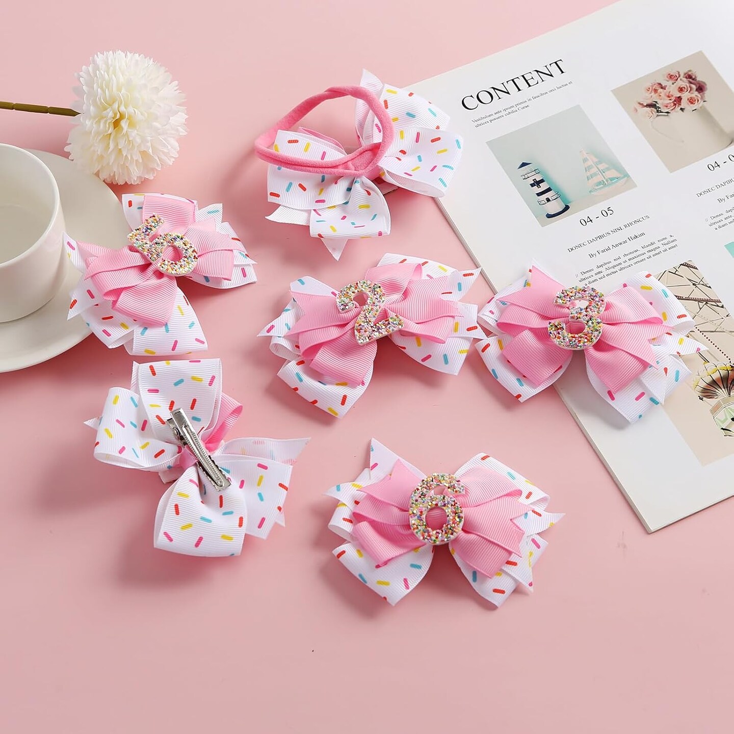 Birthday Hair Bow for Baby Girls 1 2 3 4 5 6 Years Sprinkle Decorations Confetti Ice Cream Party Pink Hair Accessories for 6th Birthday