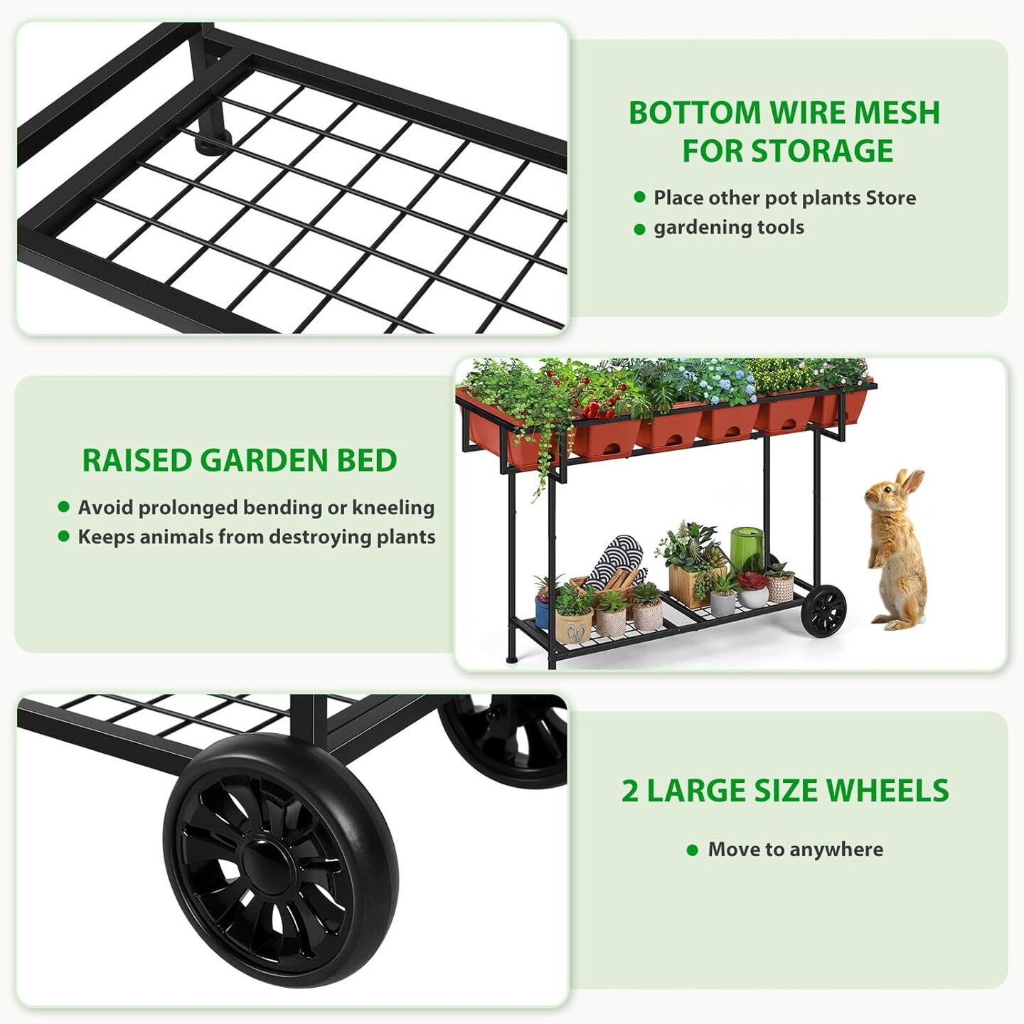 Black Raised Garden Bed with Wheels &#x26; Storage Shelf - 43x17x29in/109x43x74cm Elevated Planter Box, 6 Individual Planters for Vegetables, Herbs, Flowers (Outdoor/Indoor)