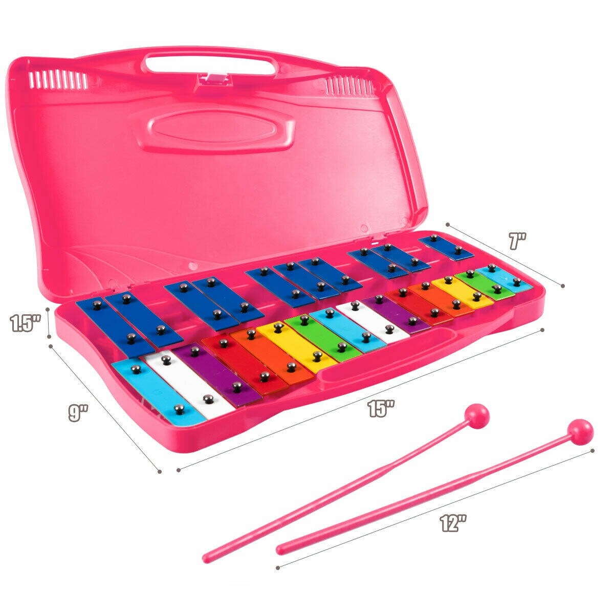 Portable Kids Glockenspiel Chromatic Metal Xylophone with 25 Tunes and 15 Rainbow Color Notes with 2 Full Octaves