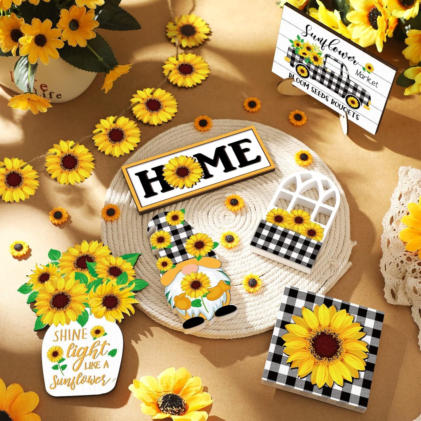 12 Pcs Sunflower Tiered Tray Decor Sunflower Decorations for Home Farmhouse Tray Set Rustic Summer Flower Table Top Centerpiece for Home Farmhouse Rustic Kitchen