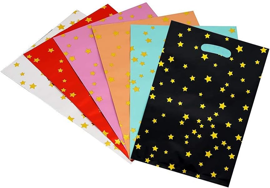 48 pieces of thicker gift bags with handles, plastic party candy bags with sparkling stars