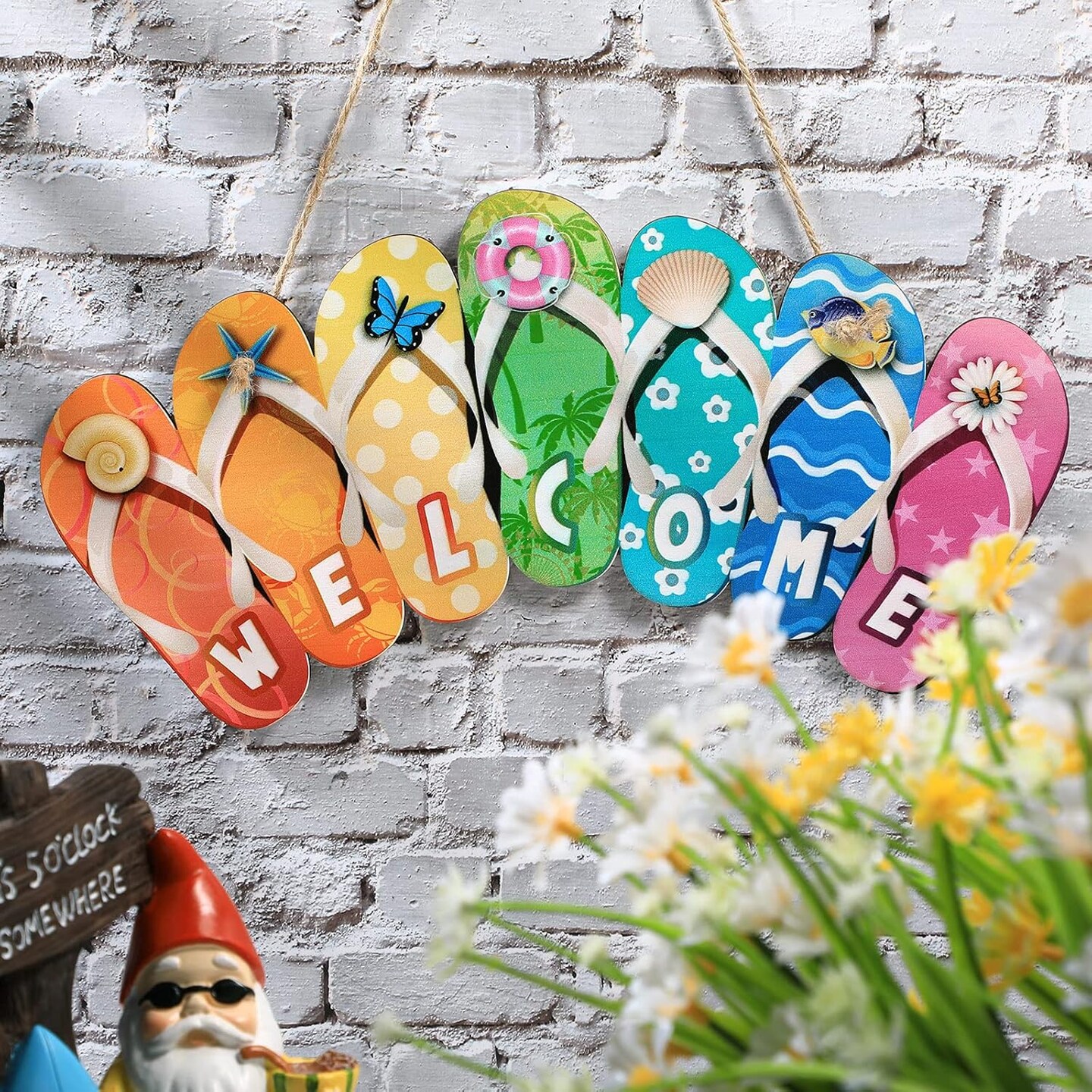 Summer Slippers Hanging Sign Shape Welcome Hello Flip Flop Wooden Door Plaque Rustic Wall Sign Yard Indoor Outdoor Garden Decoration with Rope