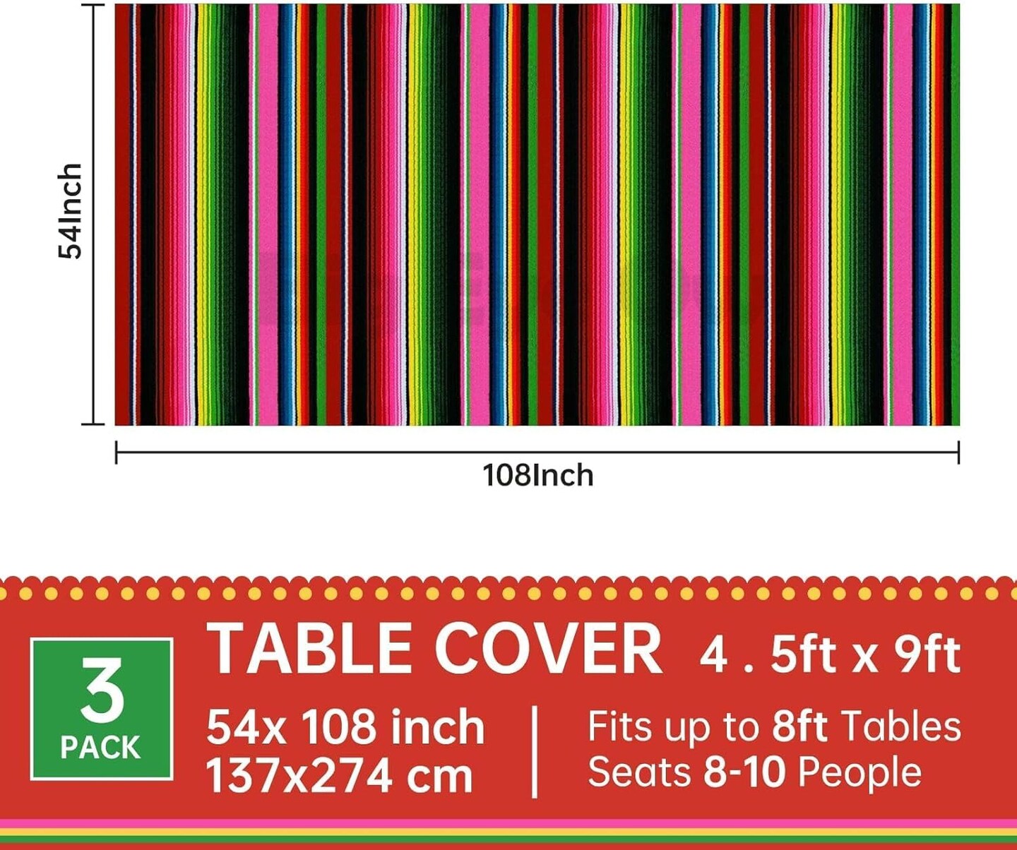 3-Pack Mexican Fiesta Tablecover – Disposable Plastic Cinco de Mayo & Birthday Party Tablecloth