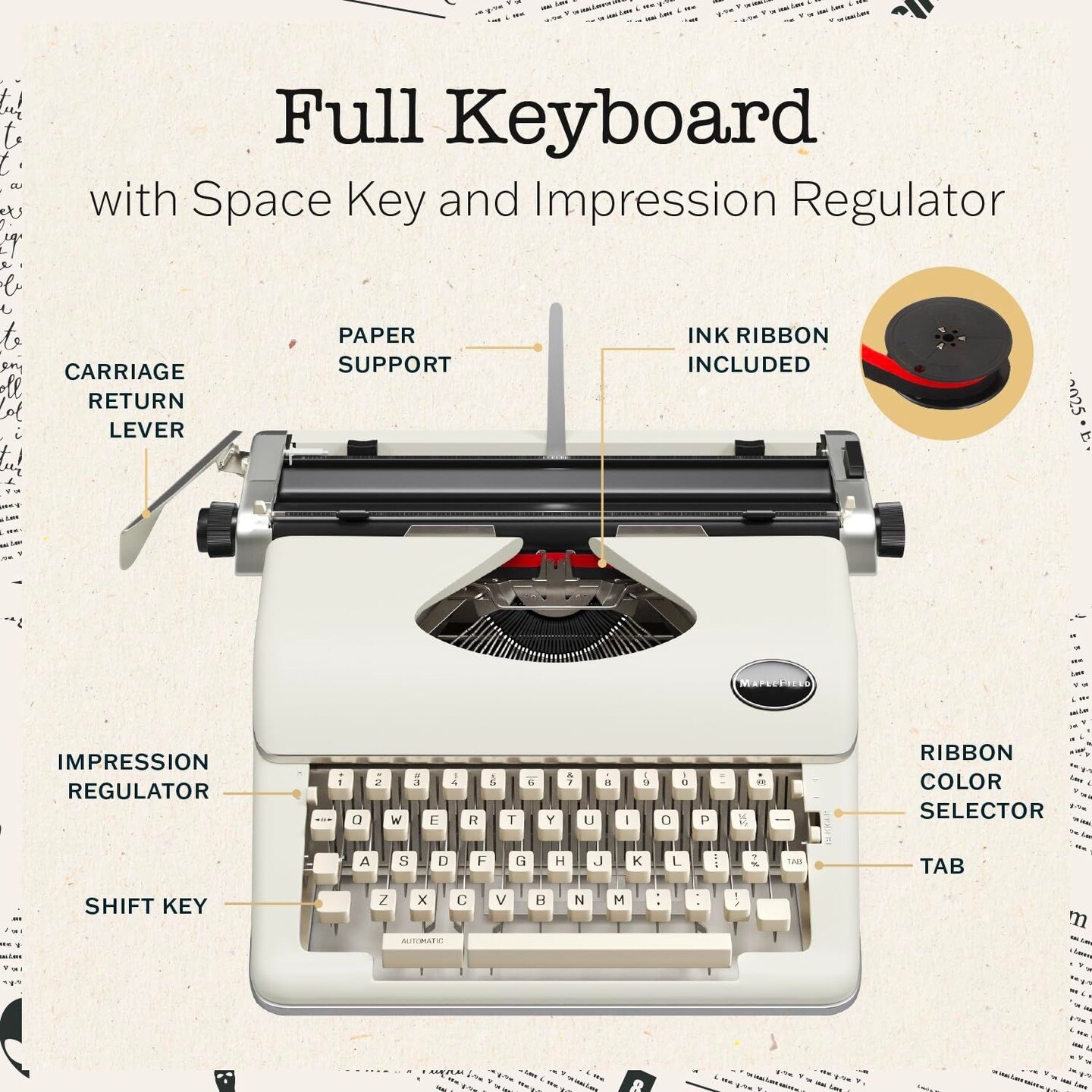 Maplefield Classic Manual Typewriter, Antique Typewriting Machine, Vintage Typewriter Decor for Home or Office, Easy Setup, Fits Standard 8 x 11 Inch Paper Sheets (Cream)